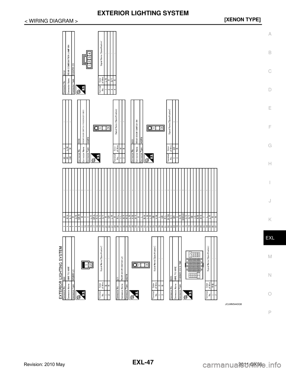 INFINITI QX56 2011  Factory Service Manual 
EXTERIOR LIGHTING SYSTEMEXL-47
< WIRING DIAGRAM > [XENON TYPE]
C
D
E
F
G H
I
J
K
M A
B
EXL
N
O P
JCLWM5443GB
Revision: 2010 May2011 QX56  