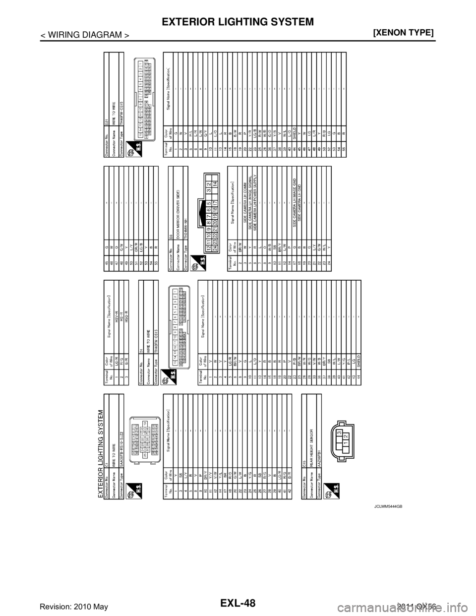 INFINITI QX56 2011  Factory Service Manual 
EXL-48
< WIRING DIAGRAM >[XENON TYPE]
EXTERIOR LIGHTING SYSTEM
JCLWM5444GB
Revision: 2010 May2011 QX56  