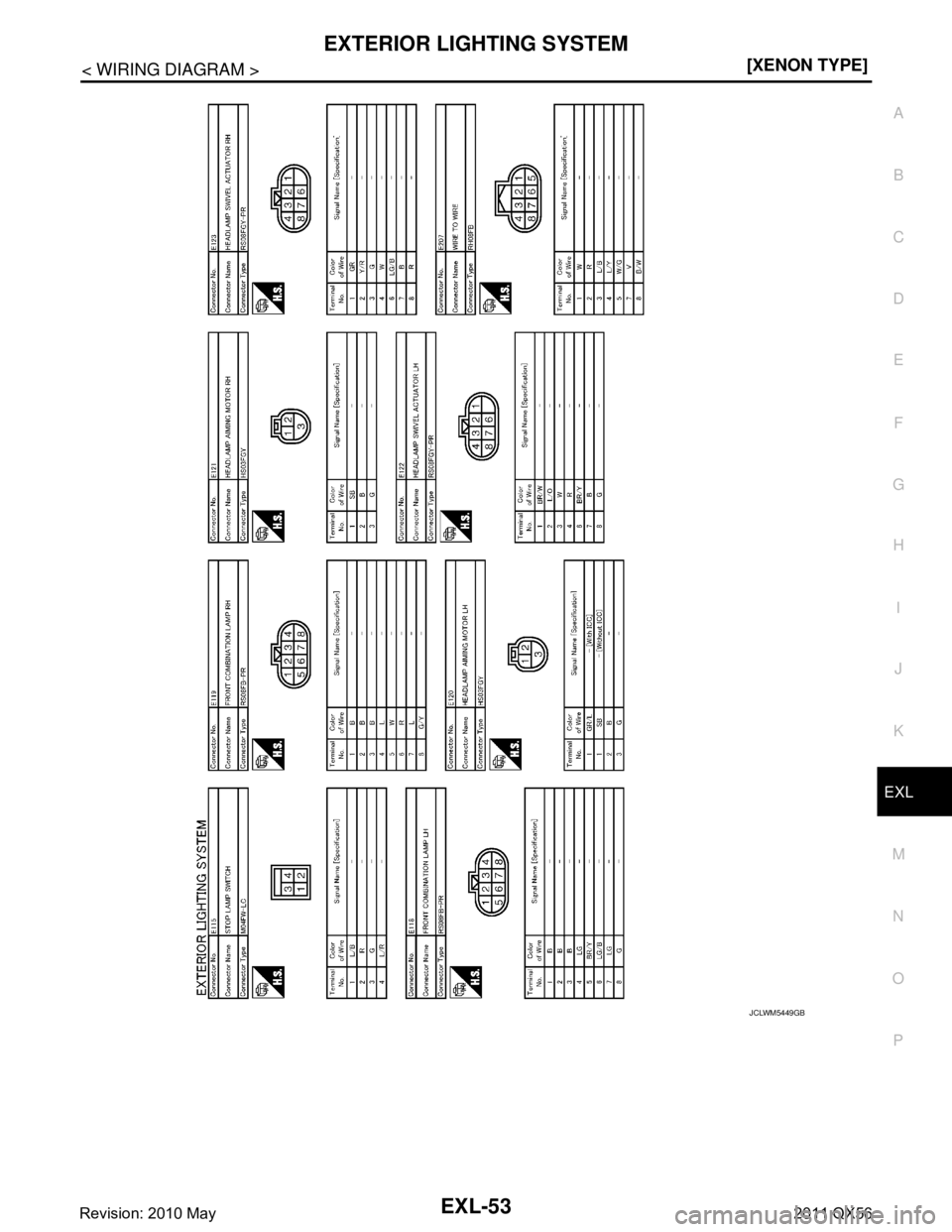 INFINITI QX56 2011  Factory Service Manual 
EXTERIOR LIGHTING SYSTEMEXL-53
< WIRING DIAGRAM > [XENON TYPE]
C
D
E
F
G H
I
J
K
M A
B
EXL
N
O P
JCLWM5449GB
Revision: 2010 May2011 QX56  