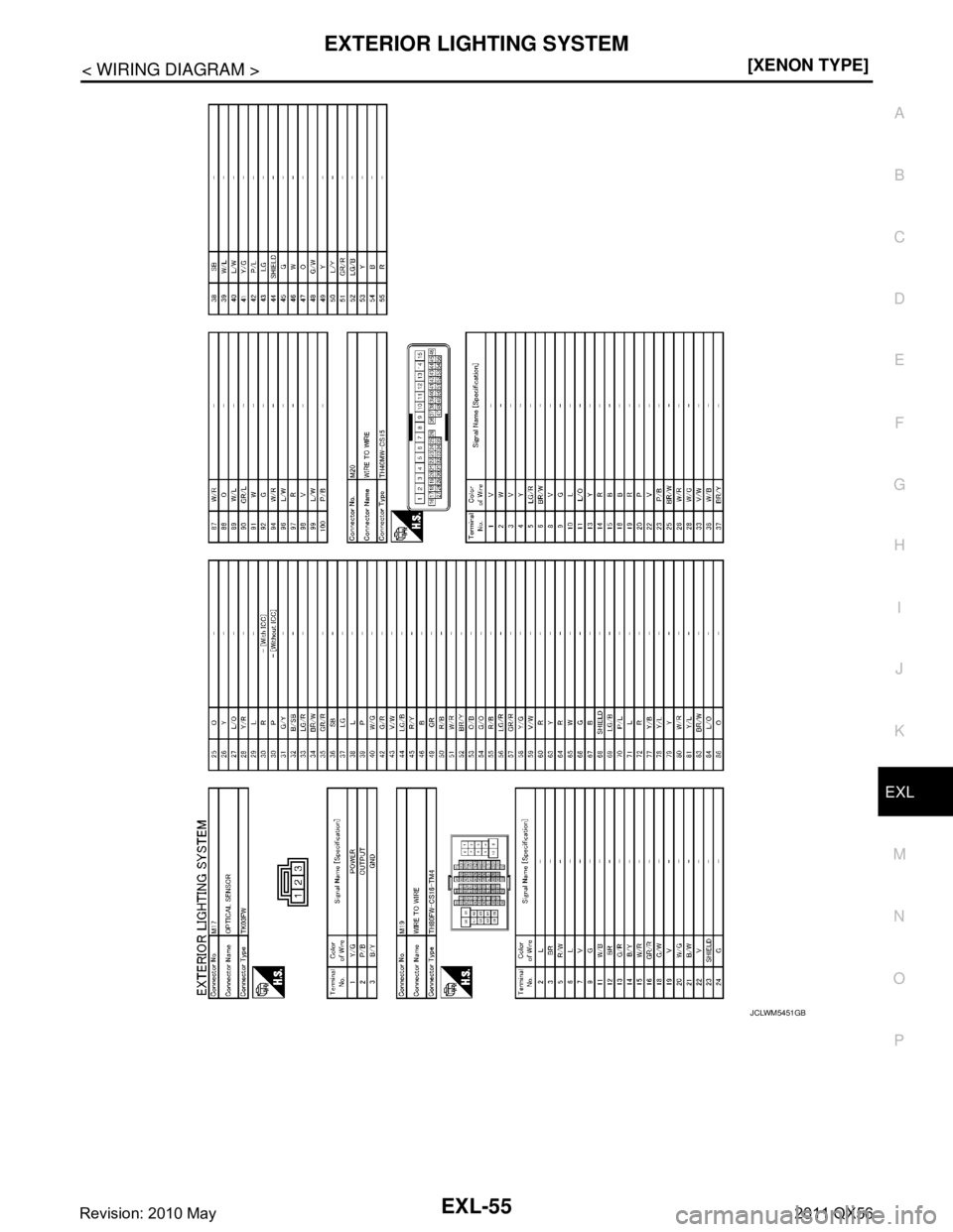 INFINITI QX56 2011  Factory Service Manual 
EXTERIOR LIGHTING SYSTEMEXL-55
< WIRING DIAGRAM > [XENON TYPE]
C
D
E
F
G H
I
J
K
M A
B
EXL
N
O P
JCLWM5451GB
Revision: 2010 May2011 QX56  