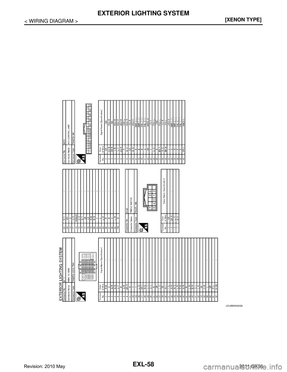 INFINITI QX56 2011  Factory Service Manual 
EXL-58
< WIRING DIAGRAM >[XENON TYPE]
EXTERIOR LIGHTING SYSTEM
JCLWM5454GB
Revision: 2010 May2011 QX56  