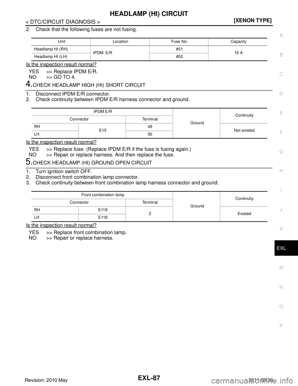 INFINITI QX56 2011  Factory Service Manual 
HEADLAMP (HI) CIRCUITEXL-87
< DTC/CIRCUIT DIAGNOSIS > [XENON TYPE]
C
D
E
F
G H
I
J
K
M A
B
EXL
N
O P
2. Check that the following fuses are not fusing.
Is the inspection result normal?
YES >> Replace 