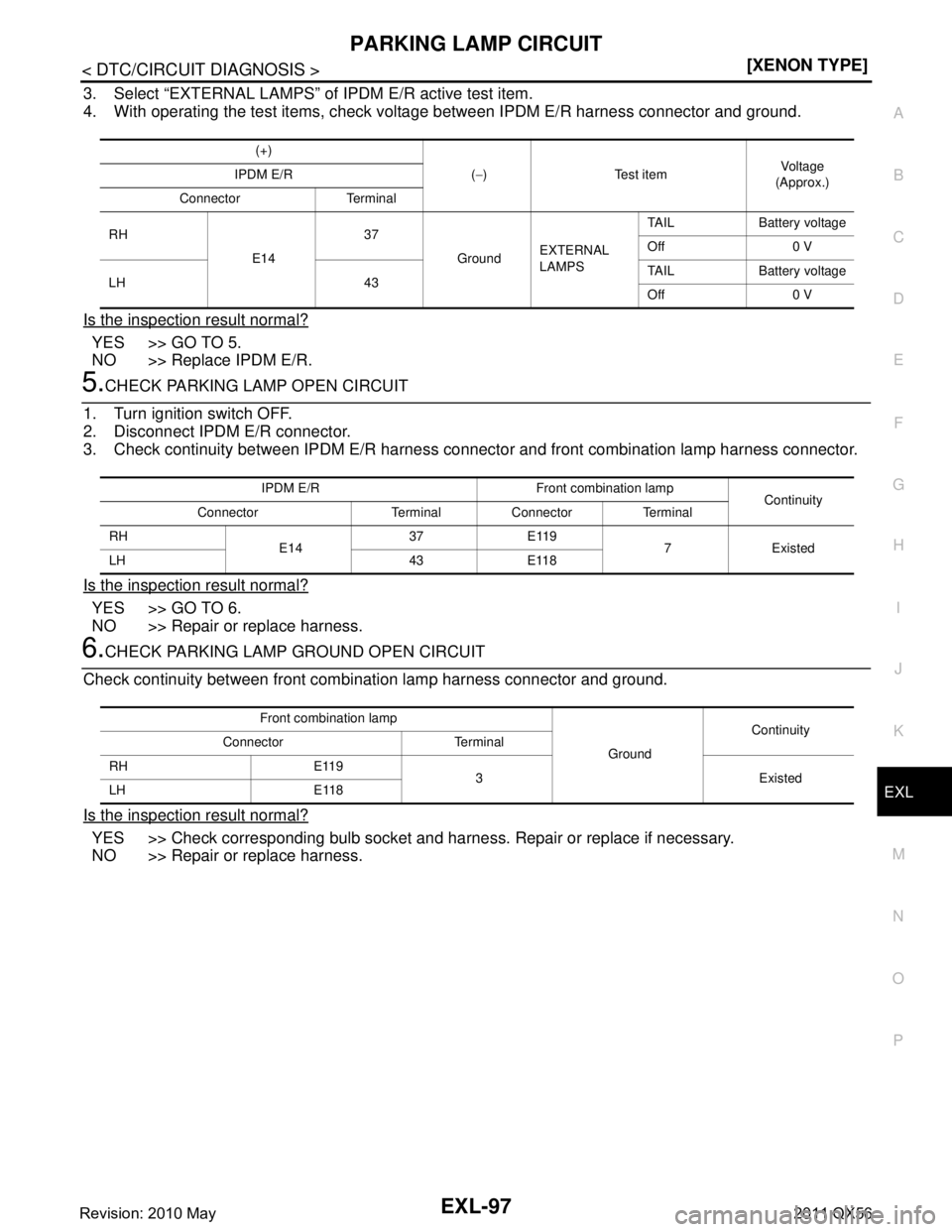 INFINITI QX56 2011  Factory Service Manual 
PARKING LAMP CIRCUITEXL-97
< DTC/CIRCUIT DIAGNOSIS > [XENON TYPE]
C
D
E
F
G H
I
J
K
M A
B
EXL
N
O P
3. Select “EXTERNAL LAMPS” of  IPDM E/R active test item.
4. With operating the test items, che