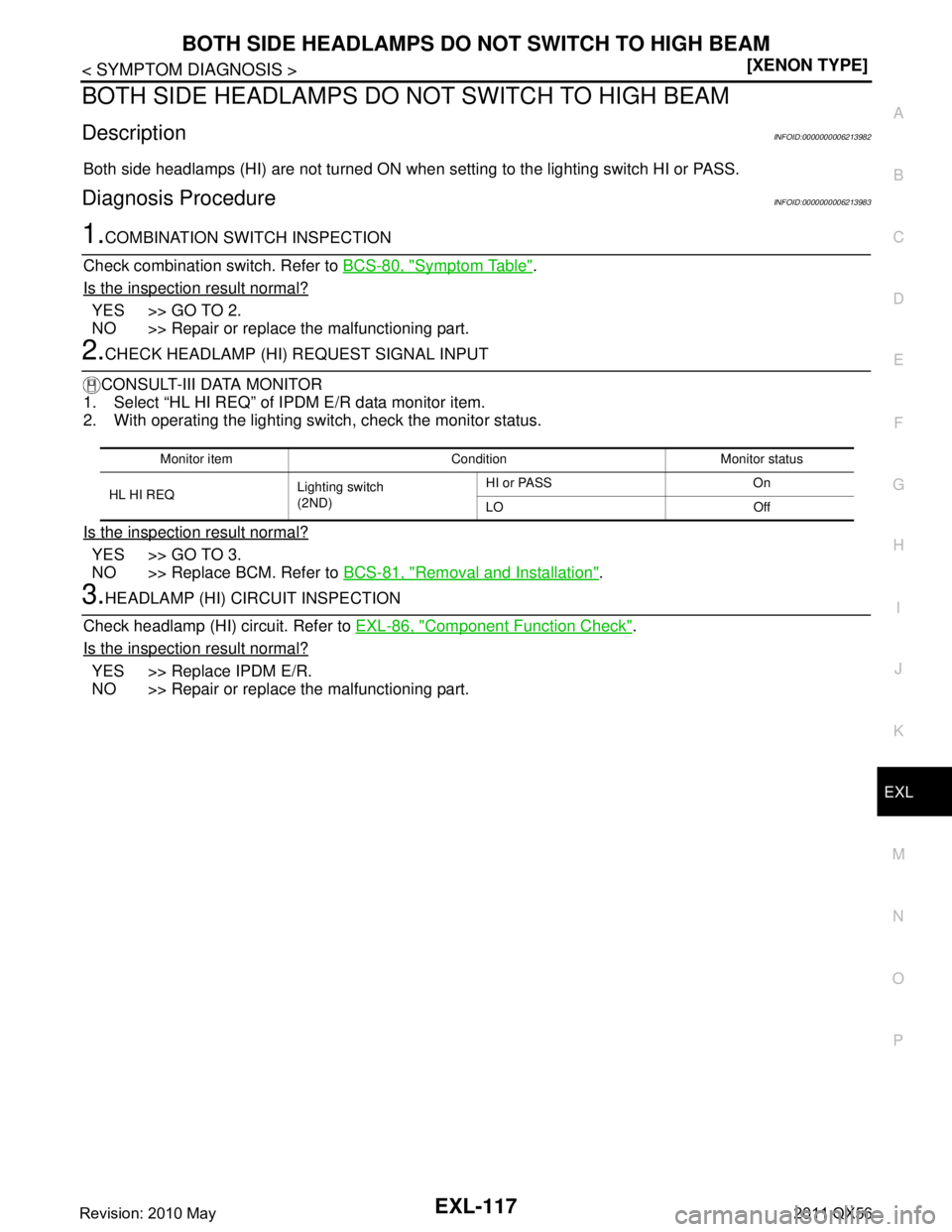 INFINITI QX56 2011  Factory Service Manual 
BOTH SIDE HEADLAMPS DO NOT SWITCH TO HIGH BEAM
EXL-117
< SYMPTOM DIAGNOSIS > [XENON TYPE]
C
D
E
F
G H
I
J
K
M A
B
EXL
N
O P
BOTH SIDE HEADLAMPS DO  NOT SWITCH TO HIGH BEAM
DescriptionINFOID:000000000