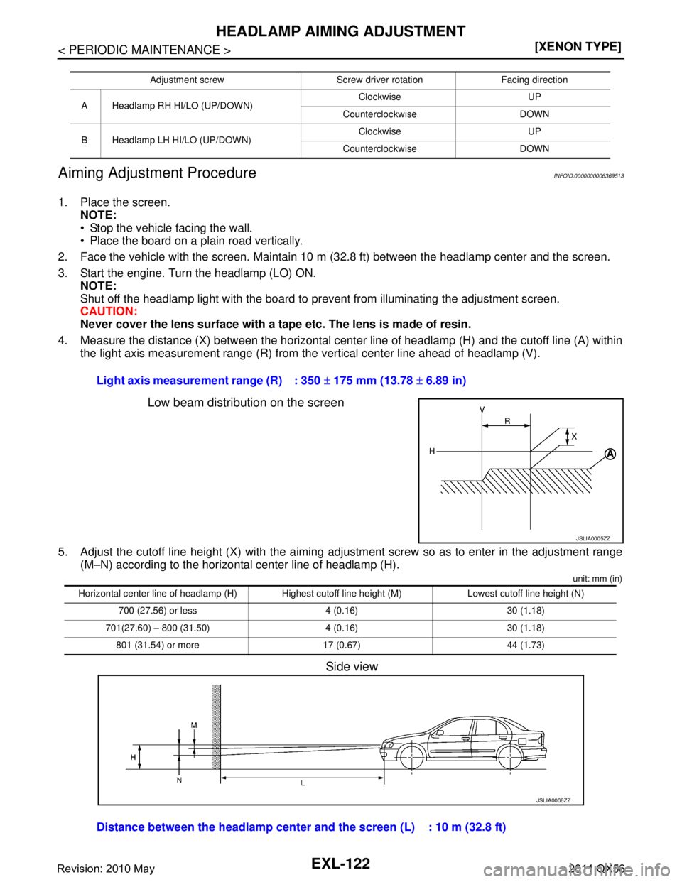 INFINITI QX56 2011  Factory Service Manual 
EXL-122
< PERIODIC MAINTENANCE >[XENON TYPE]
HEADLAMP AIMING ADJUSTMENT
Aiming Adjustment Procedure
INFOID:0000000006369513
1. Place the screen. NOTE:
 Stop the vehicle facing the wall.
 Place the 
