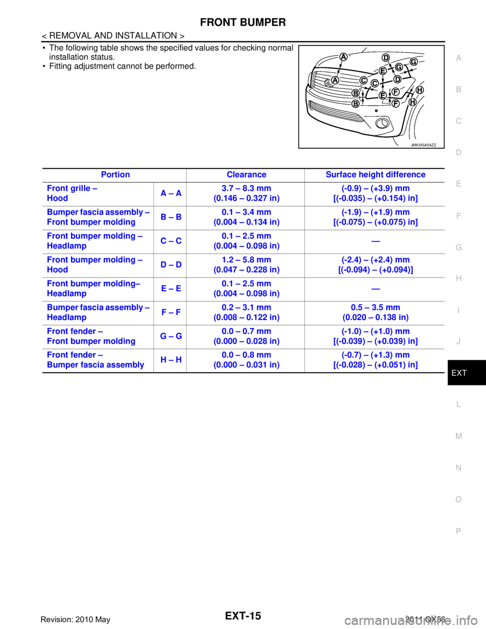 INFINITI QX56 2011 Factory Service Manual
FRONT BUMPEREXT-15
< REMOVAL AND INSTALLATION >
C
DE
F
G H
I
J
L
M A
B
EXT
N
O P
The following table shows the specified values for checking normal installation status.
Fitting adjustment cannot INFINITI QX56 2011 Factory Service Manual
FRONT BUMPEREXT-15
< REMOVAL AND INSTALLATION >
C
DE
F
G H
I
J
L
M A
B
EXT
N
O P
The following table shows the specified values for checking normal installation status.
Fitting adjustment cannot