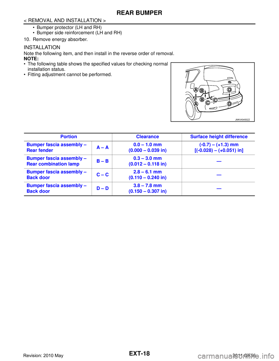 INFINITI QX56 2011  Factory Service Manual 
EXT-18
< REMOVAL AND INSTALLATION >
REAR BUMPER
 Bumper protector (LH and RH)
 Bumper side reinforcement (LH and RH)
10. Remove energy absorber.
INSTALLATION
Note the following item, and then insta