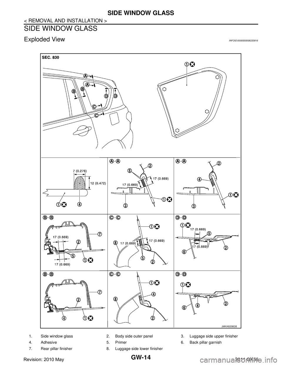INFINITI QX56 2011  Factory Service Manual 
GW-14
< REMOVAL AND INSTALLATION >
SIDE WINDOW GLASS
SIDE WINDOW GLASS
Exploded ViewINFOID:0000000006220816
1. Side window glass 2. Body side outer panel 3. Luggage side upper finisher
4. Adhesive 5.