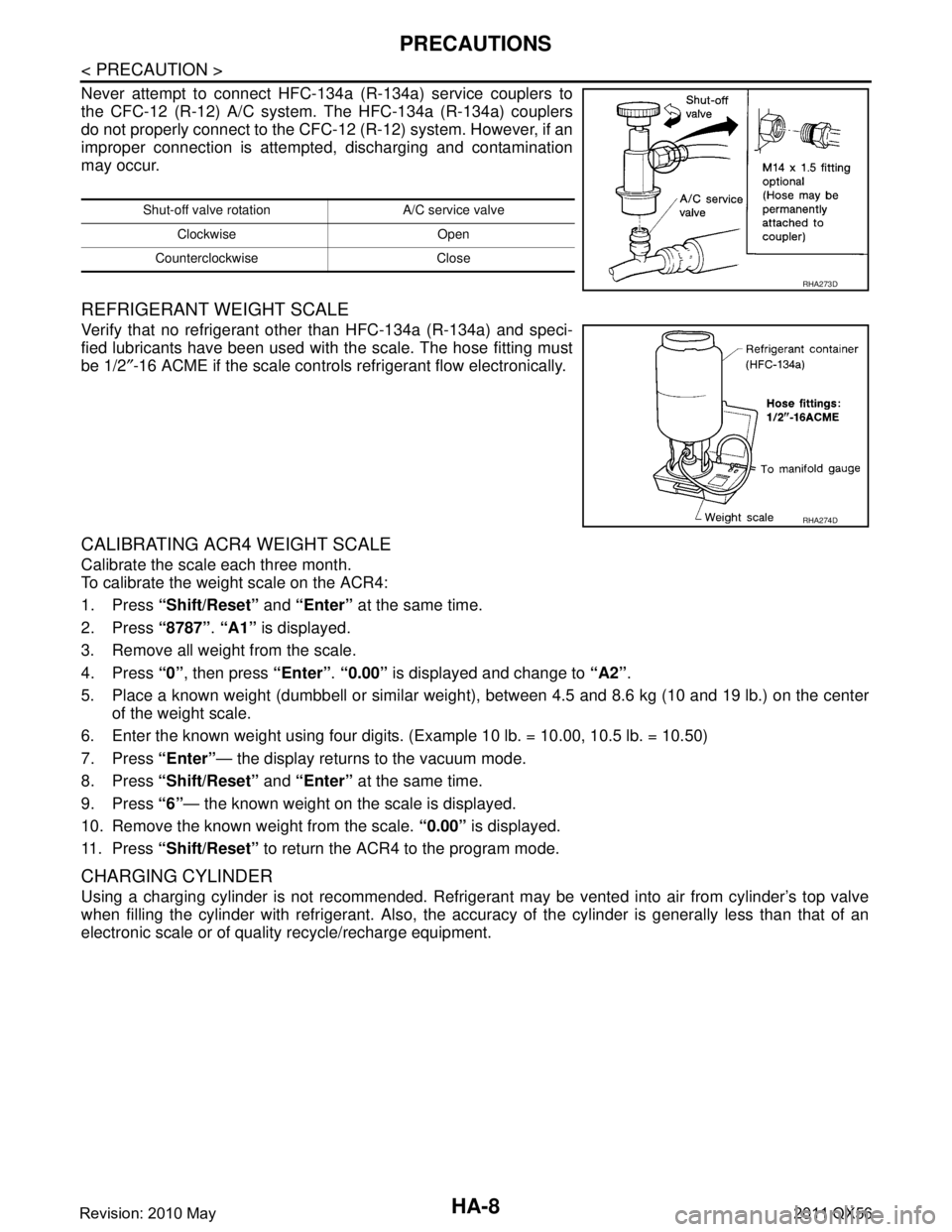 INFINITI QX56 2011  Factory Service Manual 
HA-8
< PRECAUTION >
PRECAUTIONS
Never attempt to connect HFC-134a (R-134a) service couplers to
the CFC-12 (R-12) A/C system. The HFC-134a (R-134a) couplers
do not properly connect to the CFC-12 (R-12