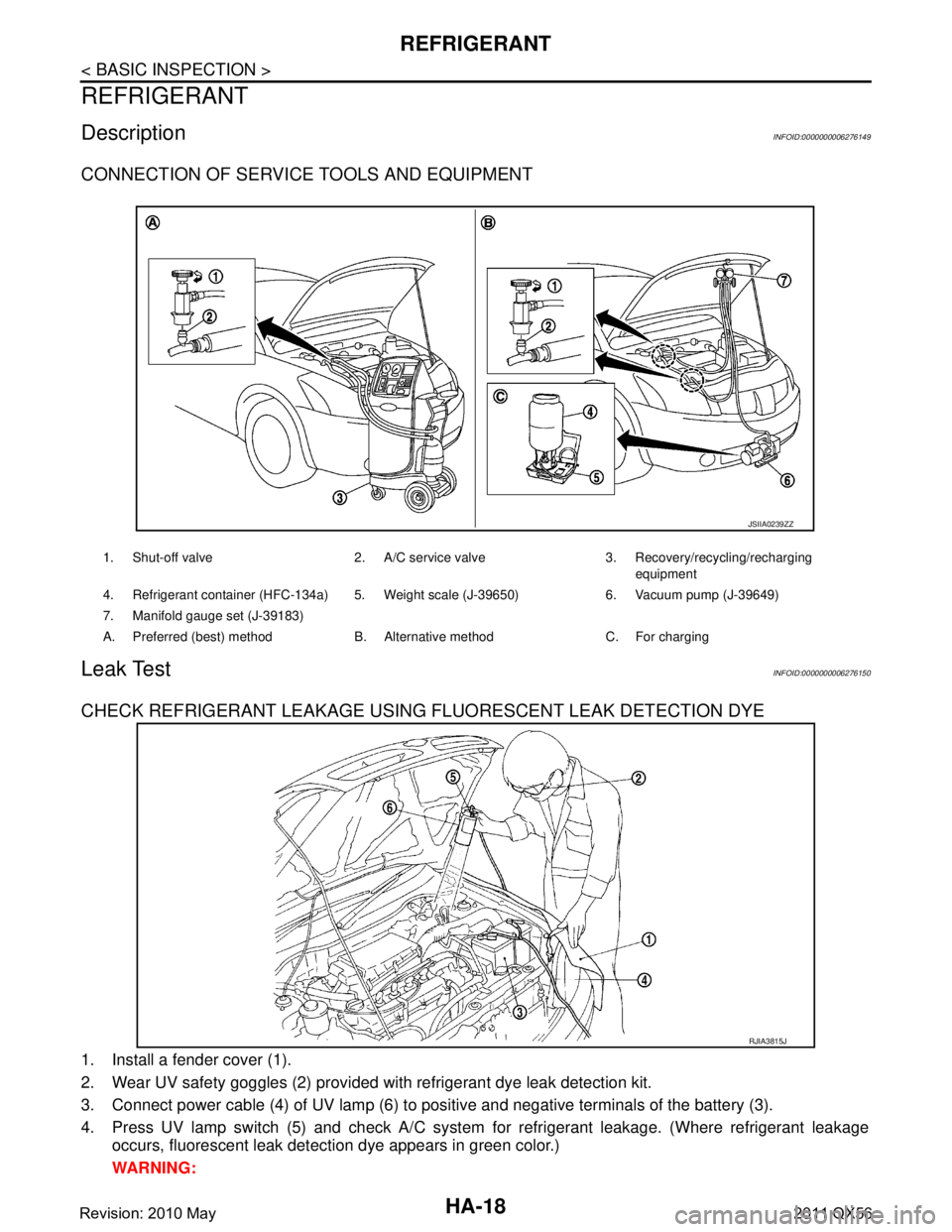 INFINITI QX56 2011  Factory Service Manual 
HA-18
< BASIC INSPECTION >
REFRIGERANT
REFRIGERANT
DescriptionINFOID:0000000006276149
CONNECTION OF SERVICE TOOLS AND EQUIPMENT
Leak TestINFOID:0000000006276150
CHECK REFRIGERANT LEAKAGE USING FLUORE