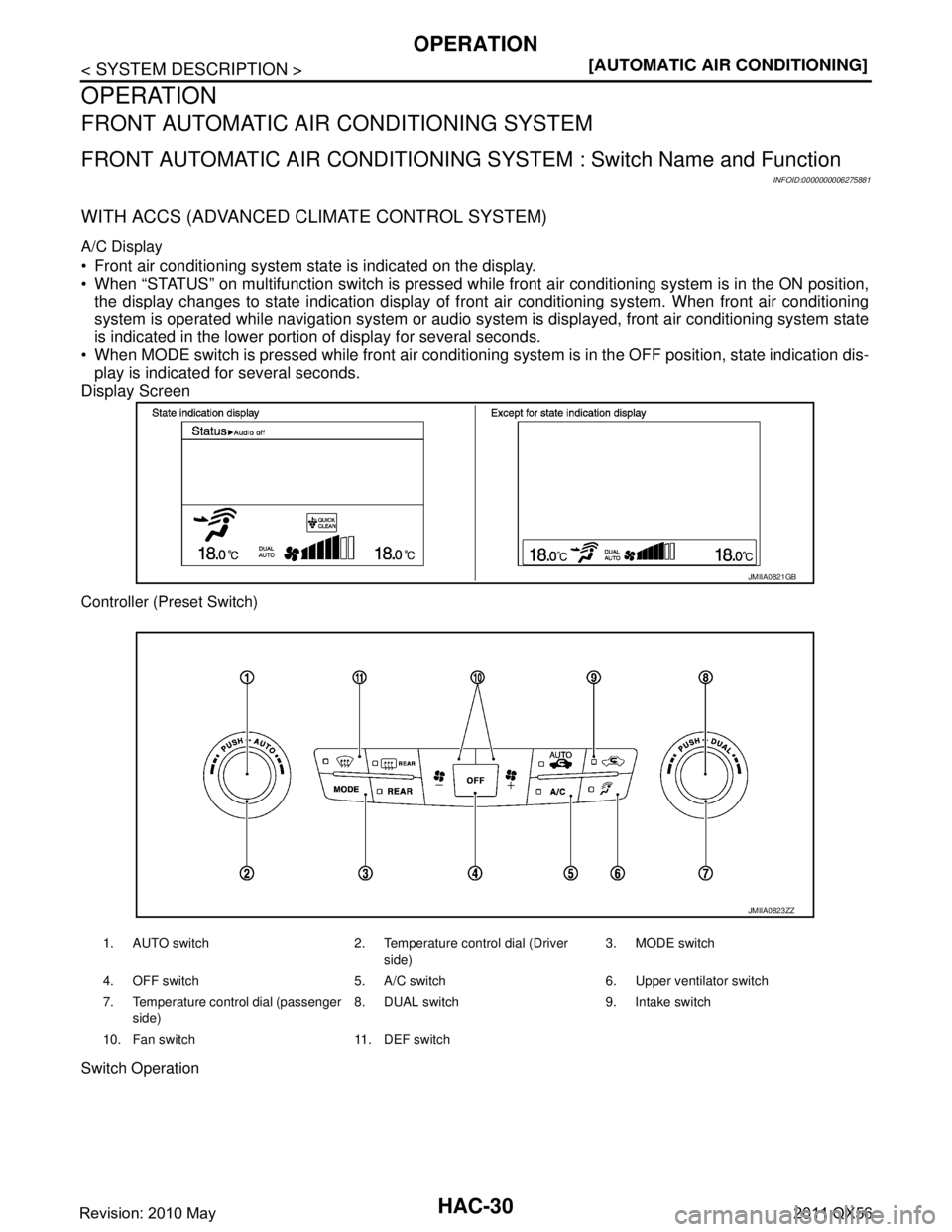 INFINITI QX56 2011  Factory Service Manual 
HAC-30
< SYSTEM DESCRIPTION >[AUTOMATIC AIR CONDITIONING]
OPERATION
OPERATION
FRONT AUTOMATIC AIR CONDITIONING SYSTEM
FRONT AUTOMATIC AIR CONDITIONING S
YSTEM : Switch Name and Function
INFOID:000000