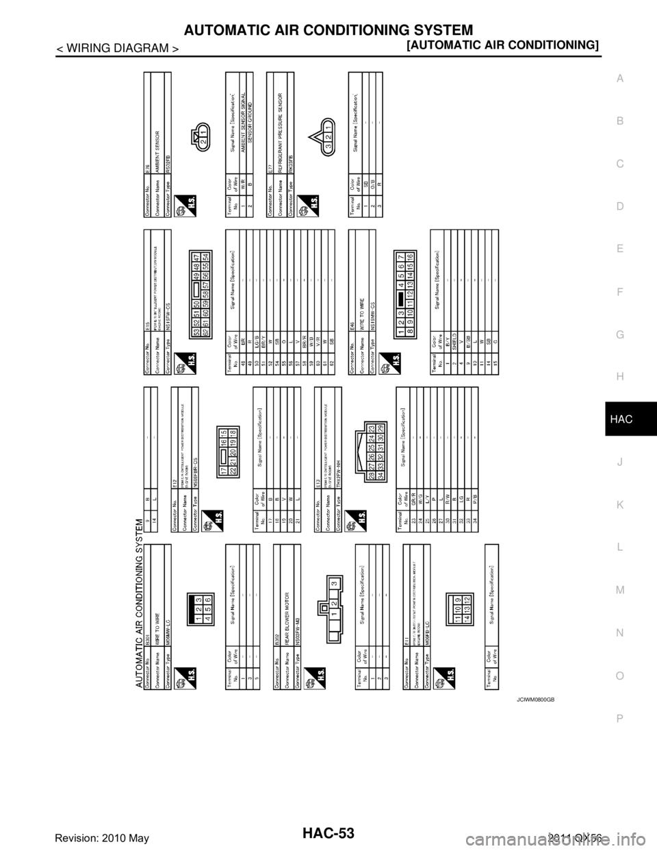 INFINITI QX56 2011  Factory Service Manual 
AUTOMATIC AIR CONDITIONING SYSTEMHAC-53
< WIRING DIAGRAM > [AUTOMATIC AIR CONDITIONING]
C
D
E
F
G H
J
K L
M A
B
HAC
N
O P
JCIWM0800GB
Revision: 2010 May2011 QX56  