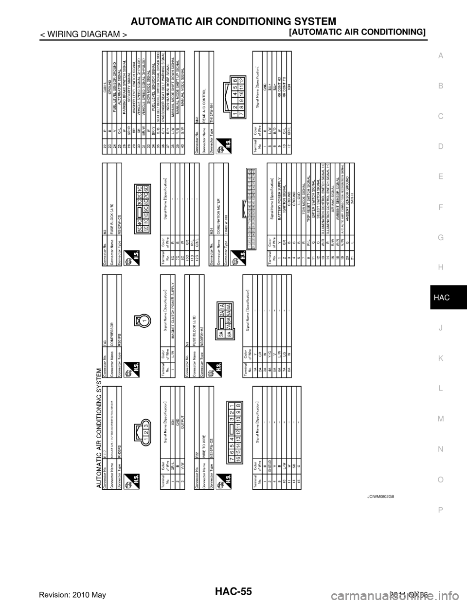 INFINITI QX56 2011  Factory Service Manual 
AUTOMATIC AIR CONDITIONING SYSTEMHAC-55
< WIRING DIAGRAM > [AUTOMATIC AIR CONDITIONING]
C
D
E
F
G H
J
K L
M A
B
HAC
N
O P
JCIWM0802GB
Revision: 2010 May2011 QX56  