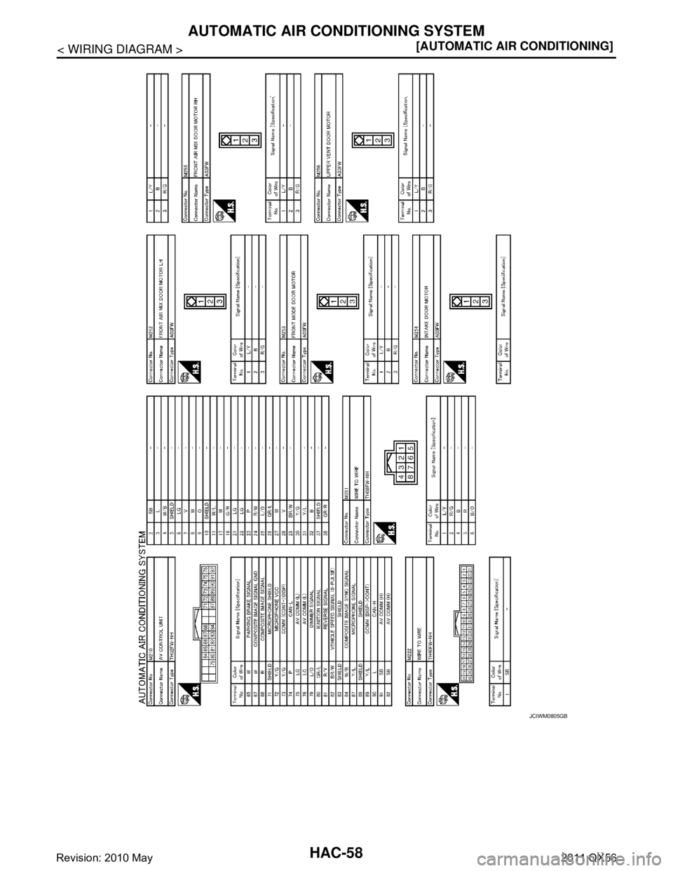 INFINITI QX56 2011  Factory Service Manual 
HAC-58
< WIRING DIAGRAM >[AUTOMATIC AIR CONDITIONING]
AUTOMATIC AIR CONDITIONING SYSTEM
JCIWM0805GB
Revision: 2010 May2011 QX56  