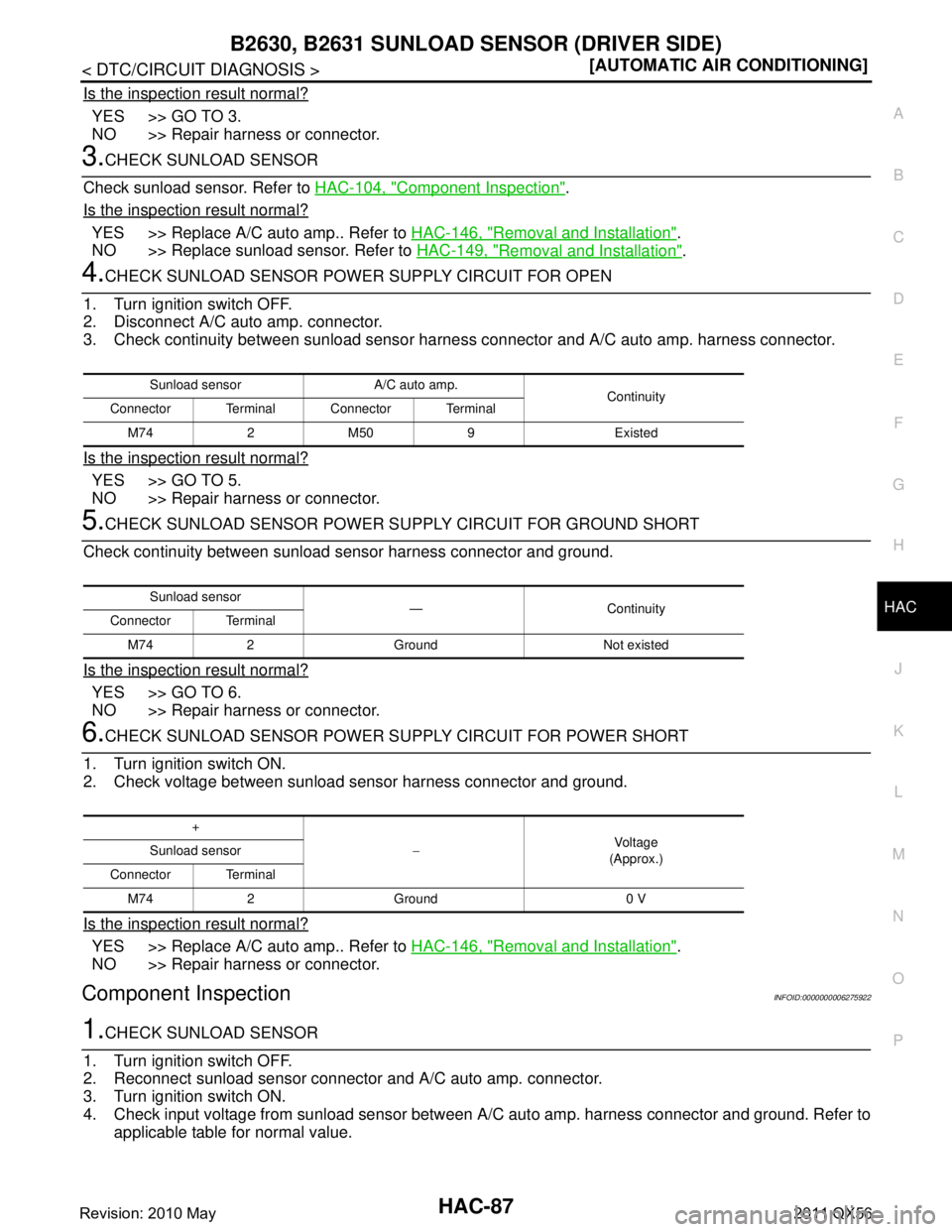 INFINITI QX56 2011  Factory Service Manual 
B2630, B2631 SUNLOAD SENSOR (DRIVER SIDE)HAC-87
< DTC/CIRCUIT DIAGNOSIS > [AUTOMATIC AIR CONDITIONING]
C
D
E
F
G H
J
K L
M A
B
HAC
N
O P
Is the inspection result normal?
YES >> GO TO 3.
NO >> Repair 