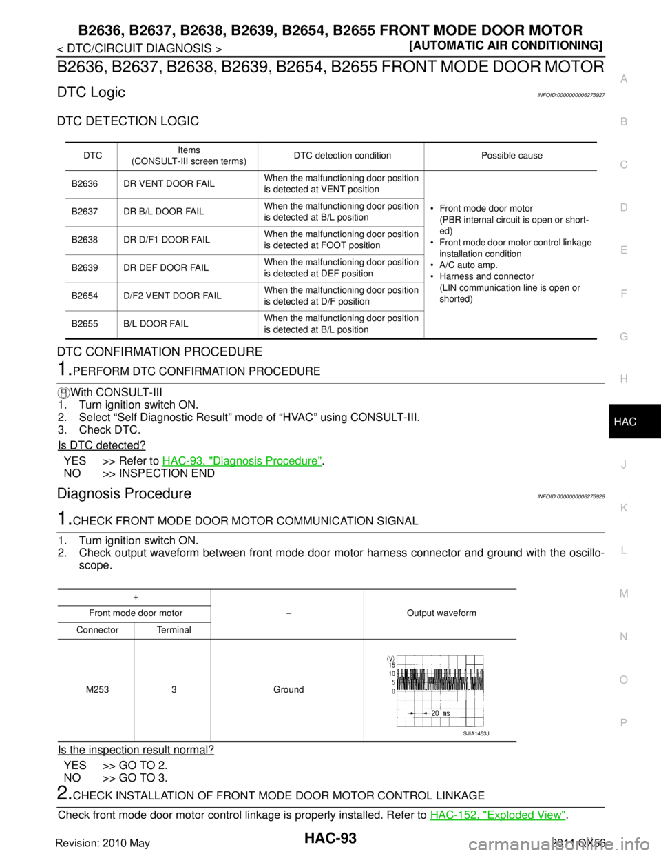 INFINITI QX56 2011  Factory Service Manual 
B2636, B2637, B2638, B2639, B2654, B2655 FR ONT MODE DOOR MOTOR
HAC-93
< DTC/CIRCUIT DIAGNOSIS > [AUTOMATIC AIR CONDITIONING]
C
D
E
F
G H
J
K L
M A
B
HAC
N
O P
B2636, B2637, B2638, B2639, B2654, B265