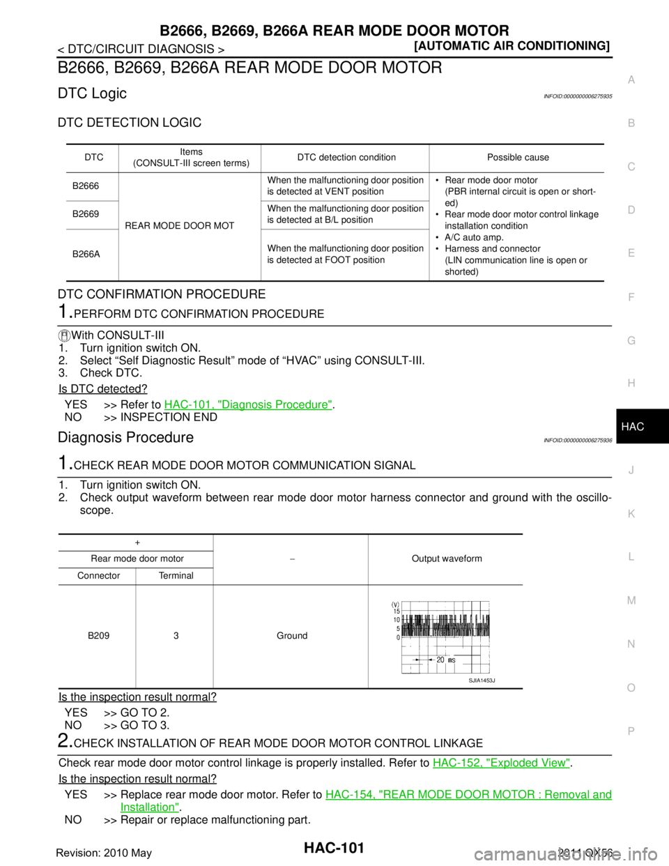 INFINITI QX56 2011  Factory Service Manual 
B2666, B2669, B266A REAR MODE DOOR MOTOR
HAC-101
< DTC/CIRCUIT DIAGNOSIS > [AUTOMATIC AIR CONDITIONING]
C
D
E
F
G H
J
K L
M A
B
HAC
N
O P
B2666, B2669, B266A REAR MODE DOOR MOTOR
DTC LogicINFOID:0000