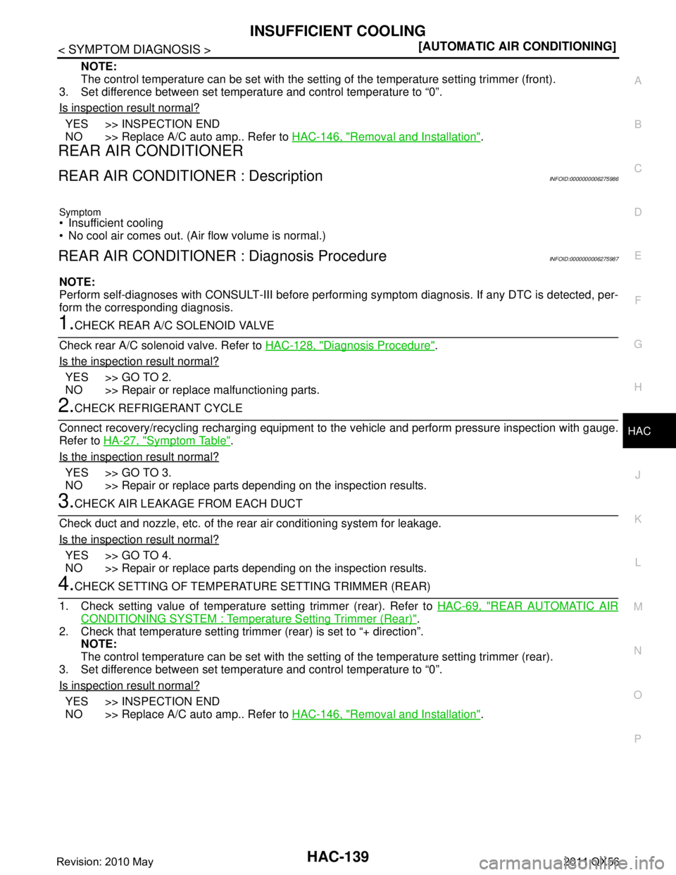 INFINITI QX56 2011  Factory Service Manual 
INSUFFICIENT COOLINGHAC-139
< SYMPTOM DIAGNOSIS > [AUTOMATIC AIR CONDITIONING]
C
D
E
F
G H
J
K L
M A
B
HAC
N
O P
NOTE:
The control temperature can be set with the setti ng of the temperature setting 
