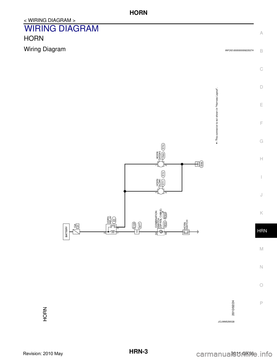 INFINITI QX56 2011  Factory Service Manual 
HORN
HRN-3
< WIRING DIAGRAM >
C
D E
F
G H
I
J
K
M A
B
HRN
N
O P
WIRING DIAGRAM
HORN
Wiring DiagramINFOID:0000000006220274
JCLWM5295GB
Revision: 2010 May2011 QX56  