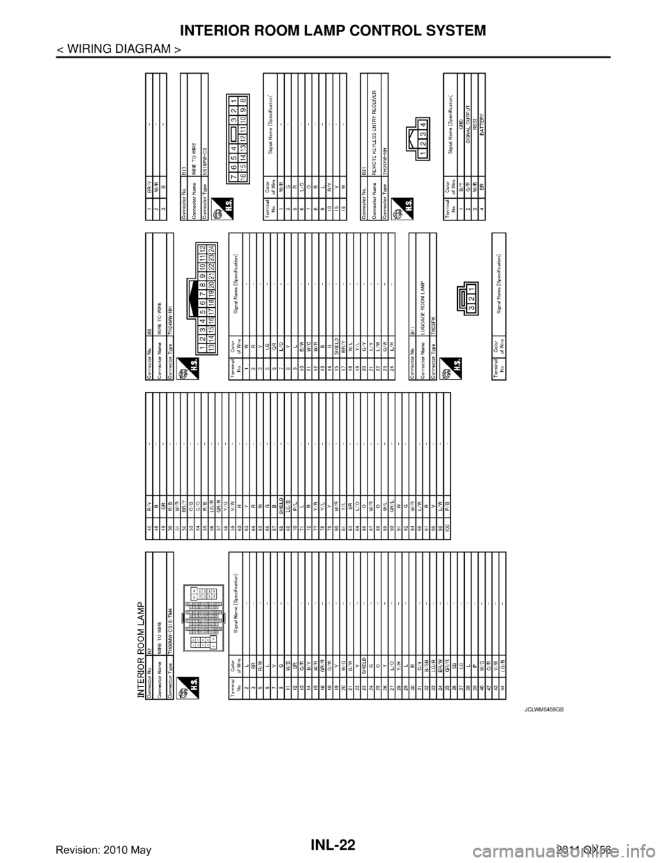 INFINITI QX56 2011  Factory Service Manual 
INL-22
< WIRING DIAGRAM >
INTERIOR ROOM LAMP CONTROL SYSTEM
JCLWM5459GB
Revision: 2010 May2011 QX56  