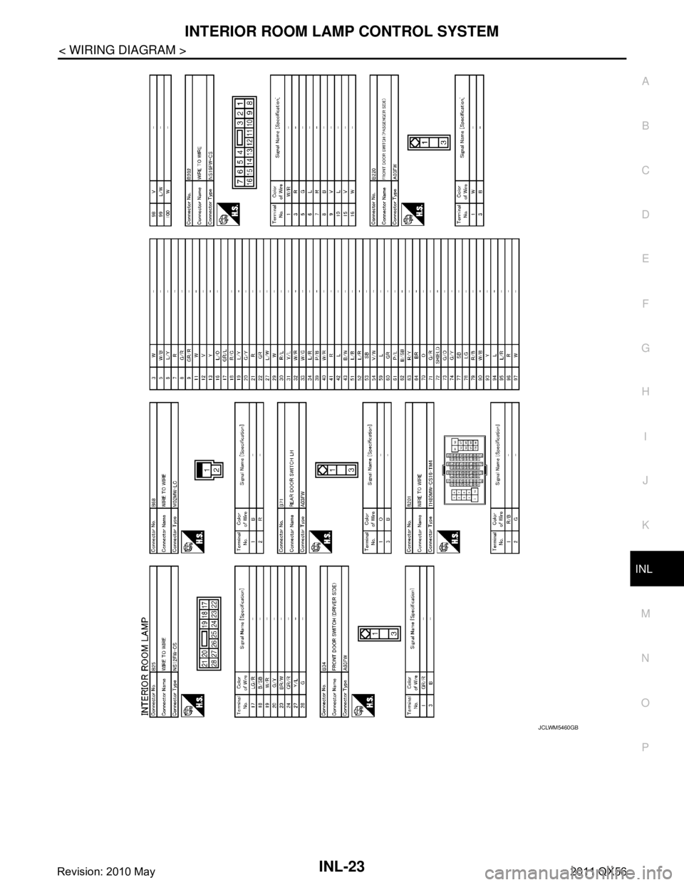 INFINITI QX56 2011  Factory Service Manual 
INTERIOR ROOM LAMP CONTROL SYSTEMINL-23
< WIRING DIAGRAM >
C
DE
F
G H
I
J
K
M A
B
INL
N
O P
JCLWM5460GB
Revision: 2010 May2011 QX56  
