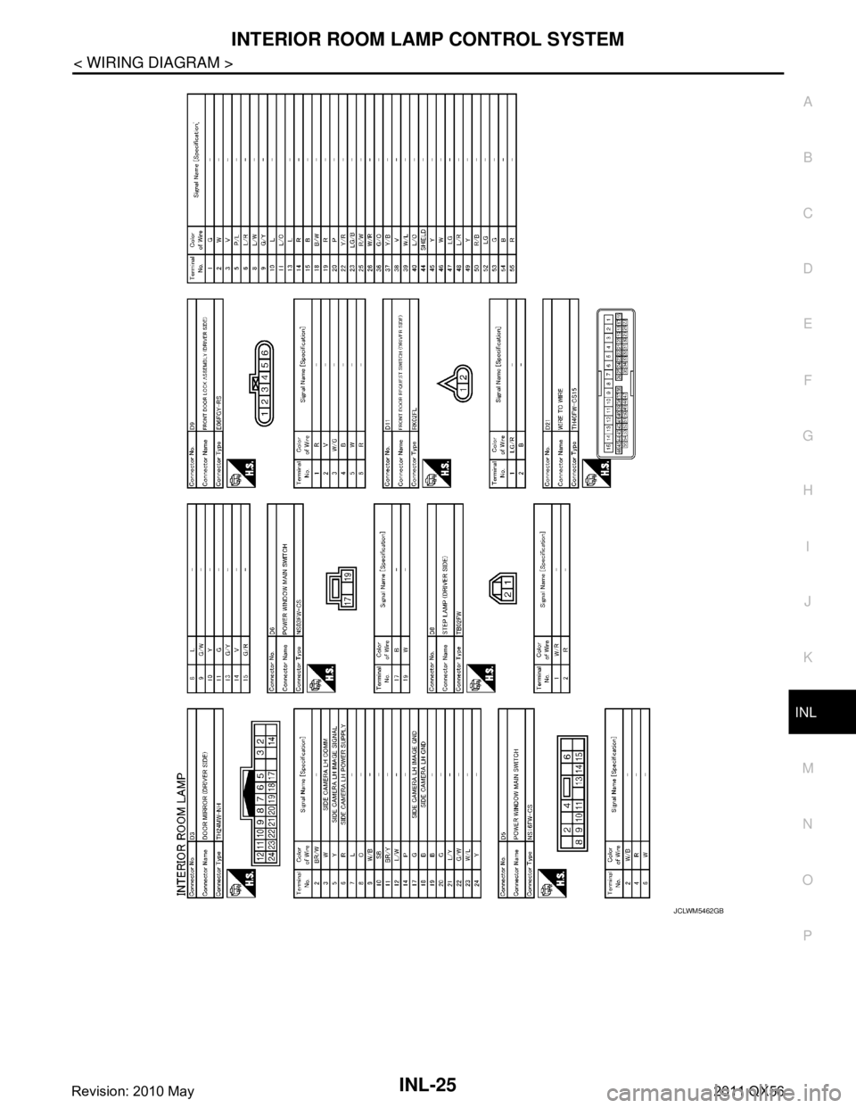 INFINITI QX56 2011  Factory Service Manual 
INTERIOR ROOM LAMP CONTROL SYSTEMINL-25
< WIRING DIAGRAM >
C
DE
F
G H
I
J
K
M A
B
INL
N
O P
JCLWM5462GB
Revision: 2010 May2011 QX56  