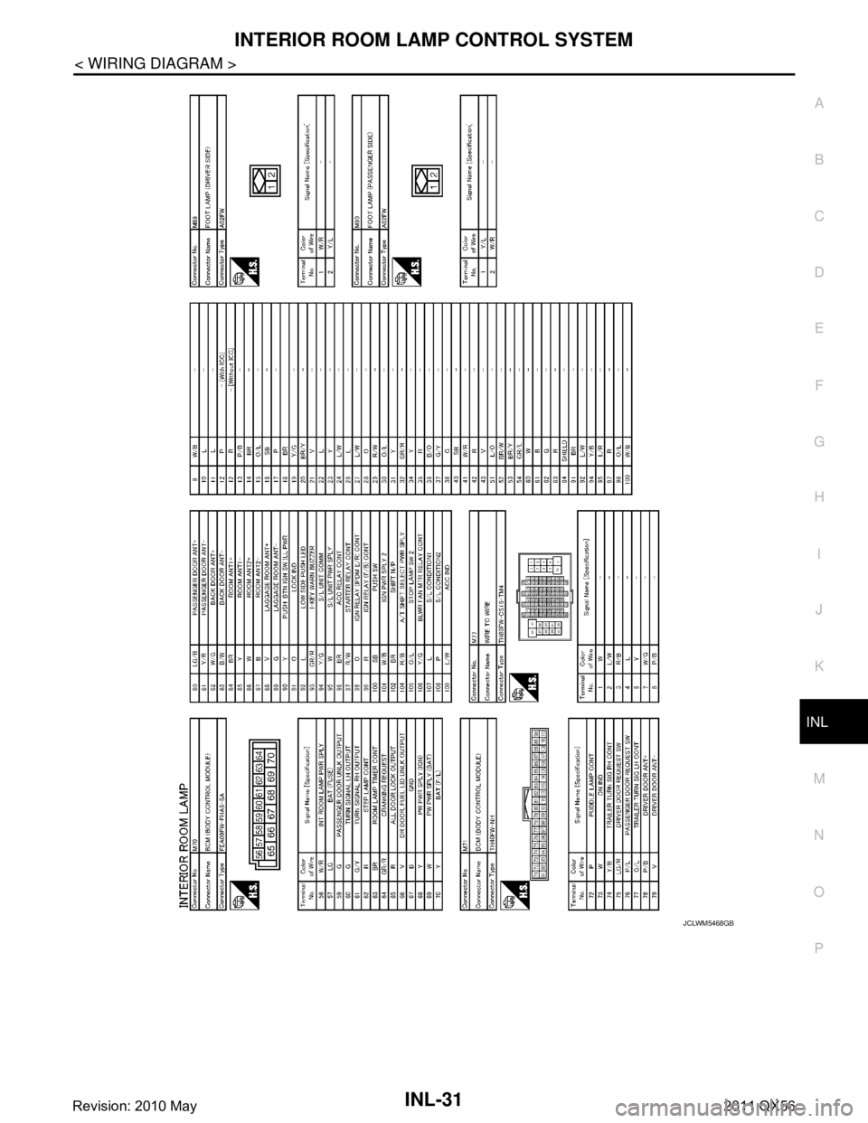 INFINITI QX56 2011  Factory Service Manual 
INTERIOR ROOM LAMP CONTROL SYSTEMINL-31
< WIRING DIAGRAM >
C
DE
F
G H
I
J
K
M A
B
INL
N
O P
JCLWM5468GB
Revision: 2010 May2011 QX56  