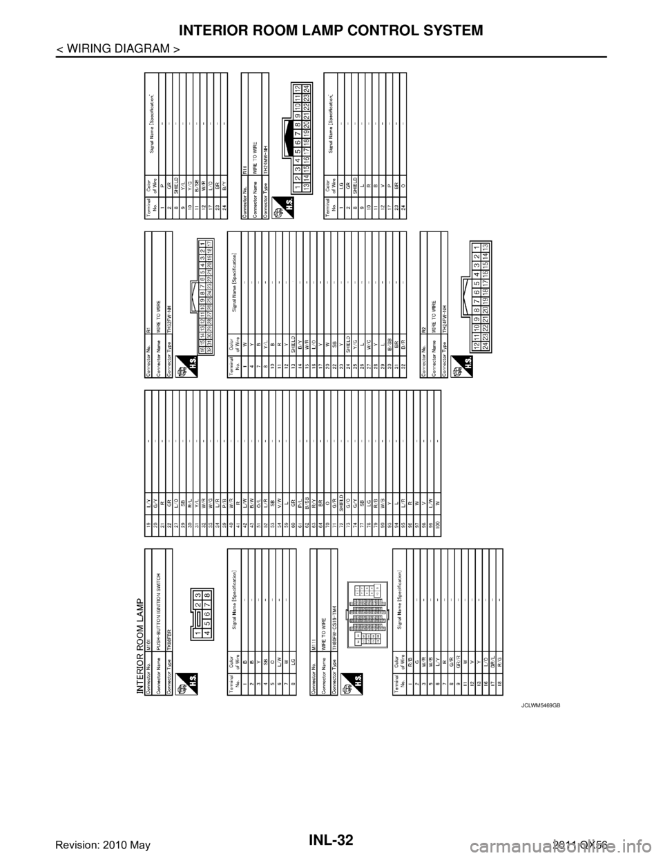 INFINITI QX56 2011  Factory Service Manual 
INL-32
< WIRING DIAGRAM >
INTERIOR ROOM LAMP CONTROL SYSTEM
JCLWM5469GB
Revision: 2010 May2011 QX56  