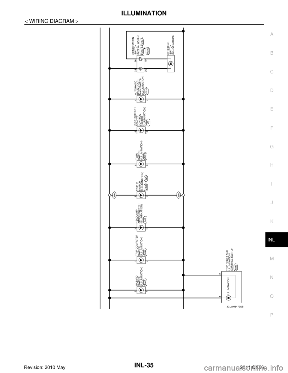 INFINITI QX56 2011  Factory Service Manual 
ILLUMINATIONINL-35
< WIRING DIAGRAM >
C
DE
F
G H
I
J
K
M A
B
INL
N
O P
JCLWM5472GB
Revision: 2010 May2011 QX56  
