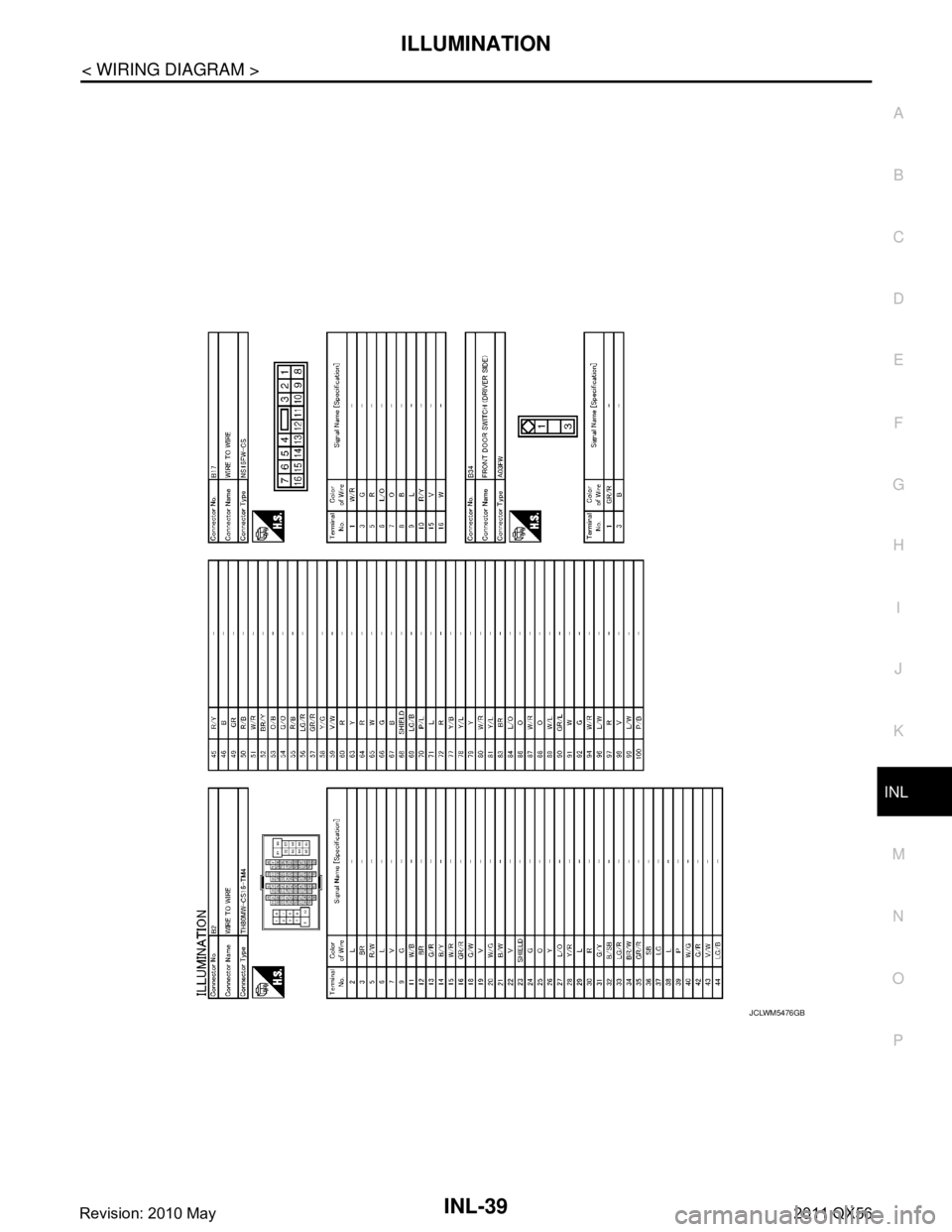 INFINITI QX56 2011  Factory Service Manual 
ILLUMINATIONINL-39
< WIRING DIAGRAM >
C
DE
F
G H
I
J
K
M A
B
INL
N
O P
JCLWM5476GB
Revision: 2010 May2011 QX56  
