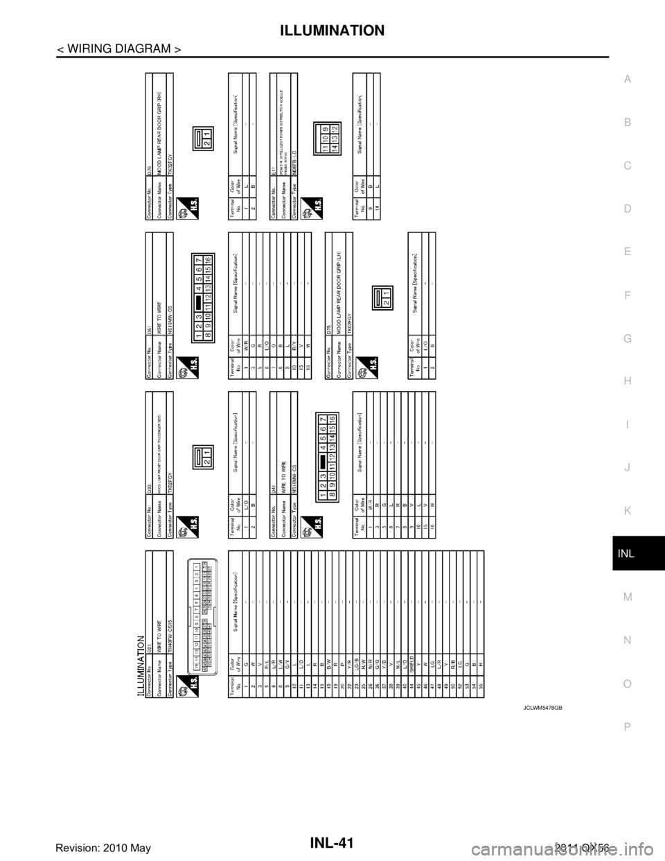 INFINITI QX56 2011  Factory Service Manual 
ILLUMINATIONINL-41
< WIRING DIAGRAM >
C
DE
F
G H
I
J
K
M A
B
INL
N
O P
JCLWM5478GB
Revision: 2010 May2011 QX56  
