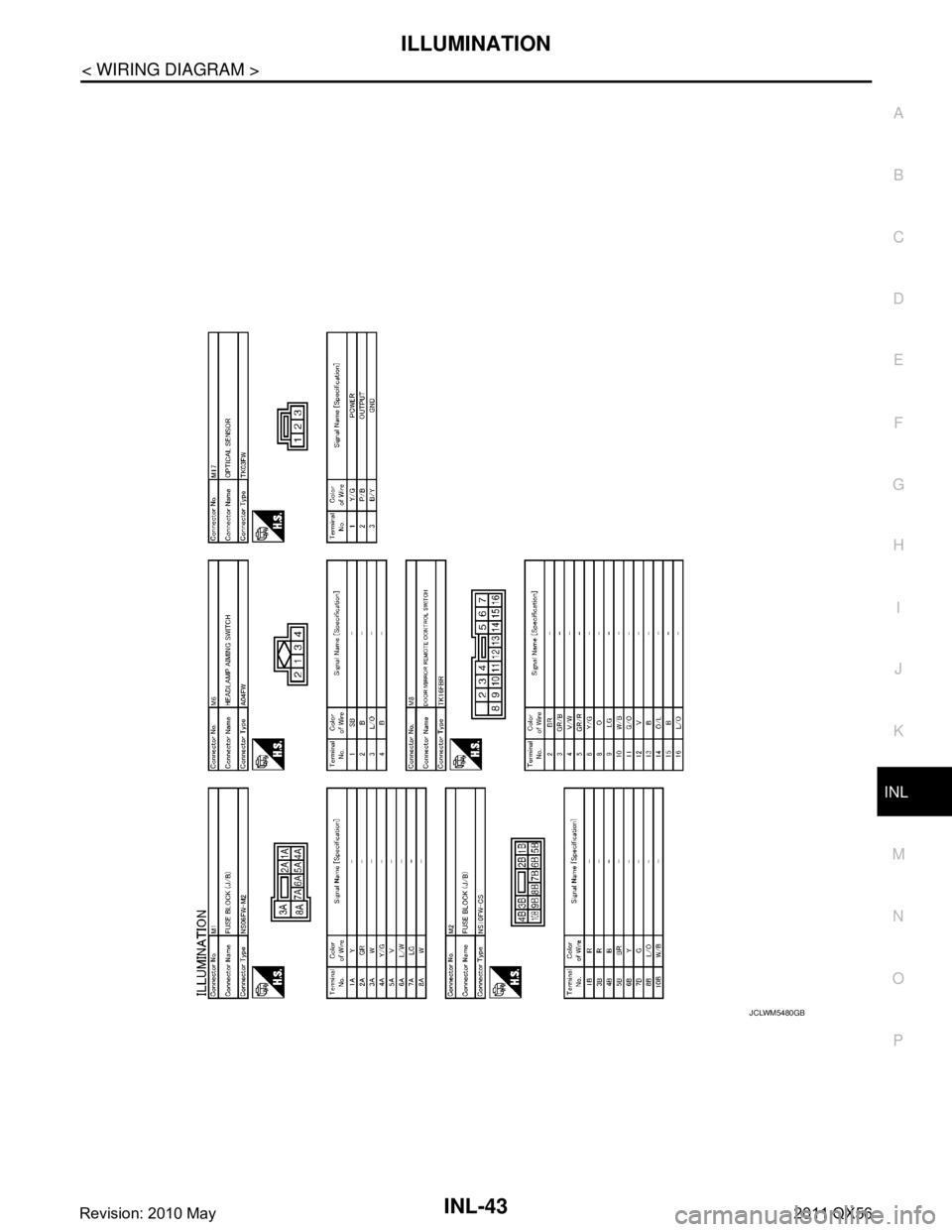 INFINITI QX56 2011  Factory Service Manual 
ILLUMINATIONINL-43
< WIRING DIAGRAM >
C
DE
F
G H
I
J
K
M A
B
INL
N
O P
JCLWM5480GB
Revision: 2010 May2011 QX56  