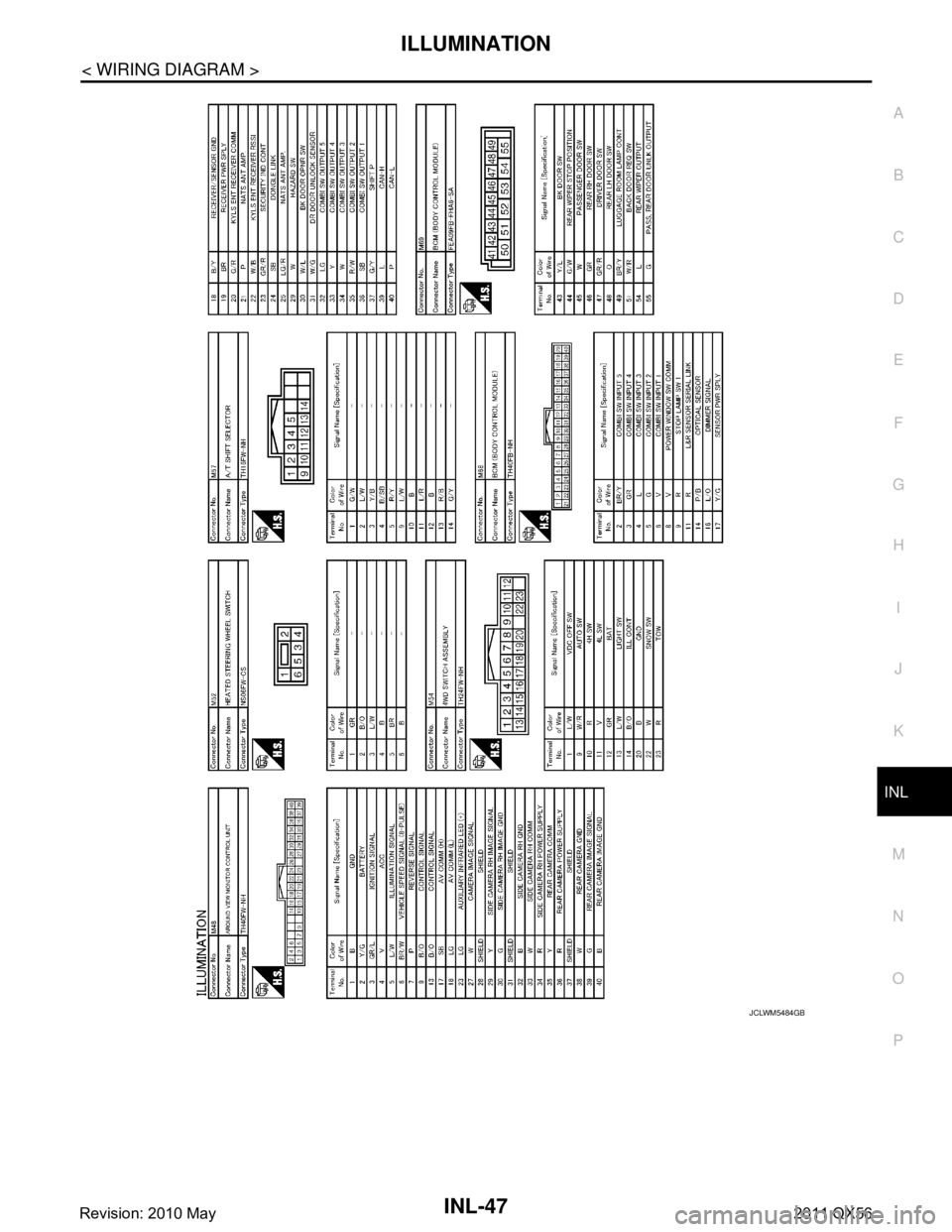 INFINITI QX56 2011  Factory Service Manual 
ILLUMINATIONINL-47
< WIRING DIAGRAM >
C
DE
F
G H
I
J
K
M A
B
INL
N
O P
JCLWM5484GB
Revision: 2010 May2011 QX56  