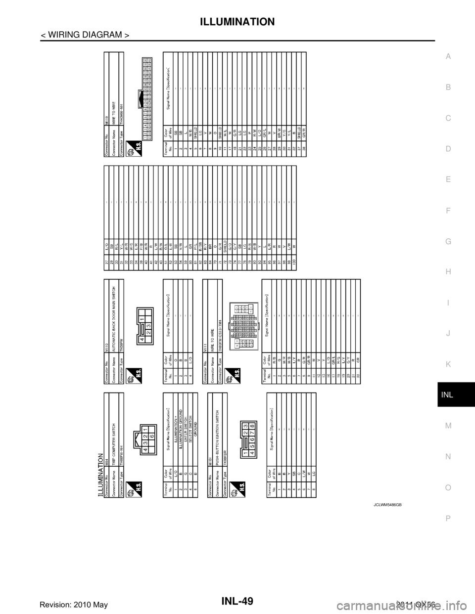INFINITI QX56 2011  Factory Service Manual 
ILLUMINATIONINL-49
< WIRING DIAGRAM >
C
DE
F
G H
I
J
K
M A
B
INL
N
O P
JCLWM5486GB
Revision: 2010 May2011 QX56  