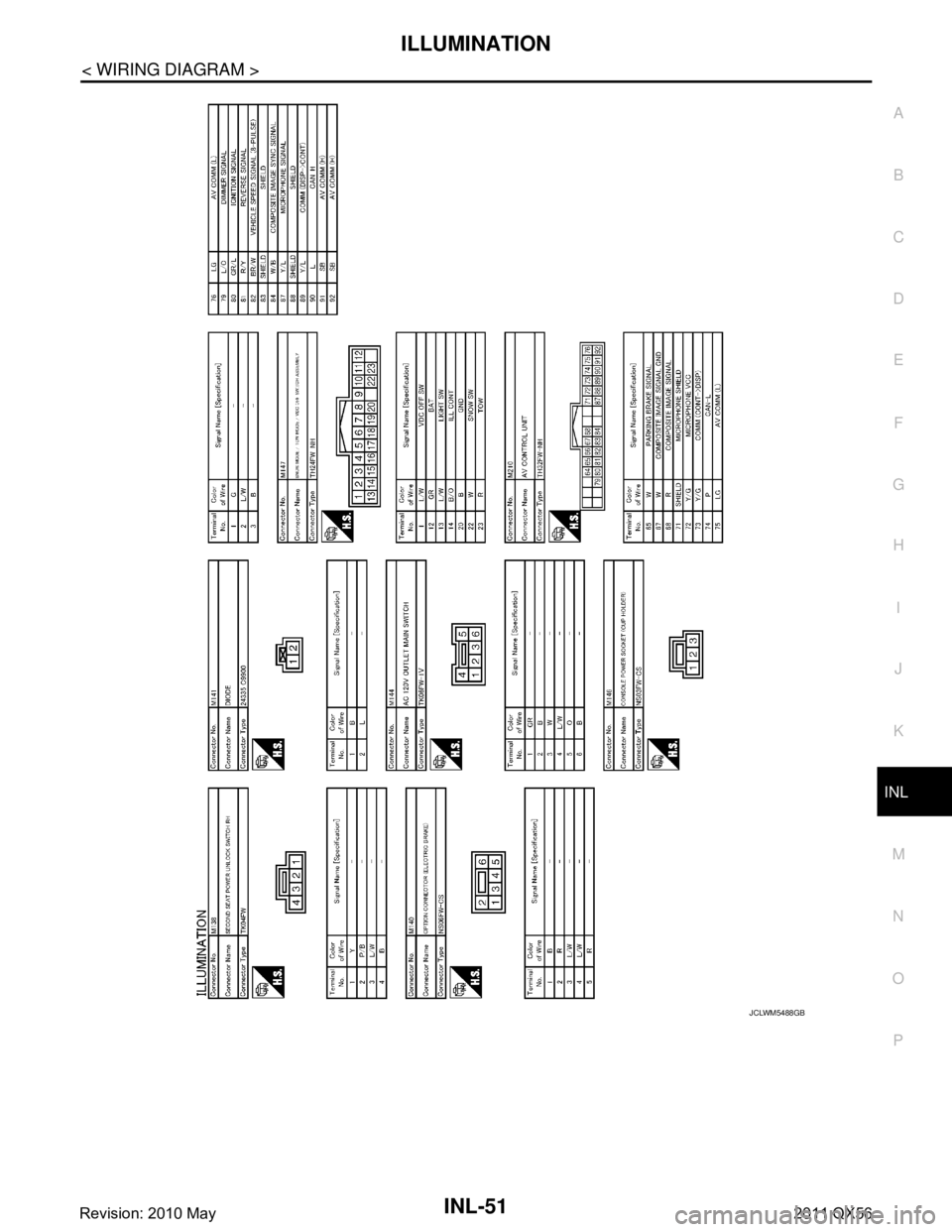 INFINITI QX56 2011  Factory Service Manual 
ILLUMINATIONINL-51
< WIRING DIAGRAM >
C
DE
F
G H
I
J
K
M A
B
INL
N
O P
JCLWM5488GB
Revision: 2010 May2011 QX56  
