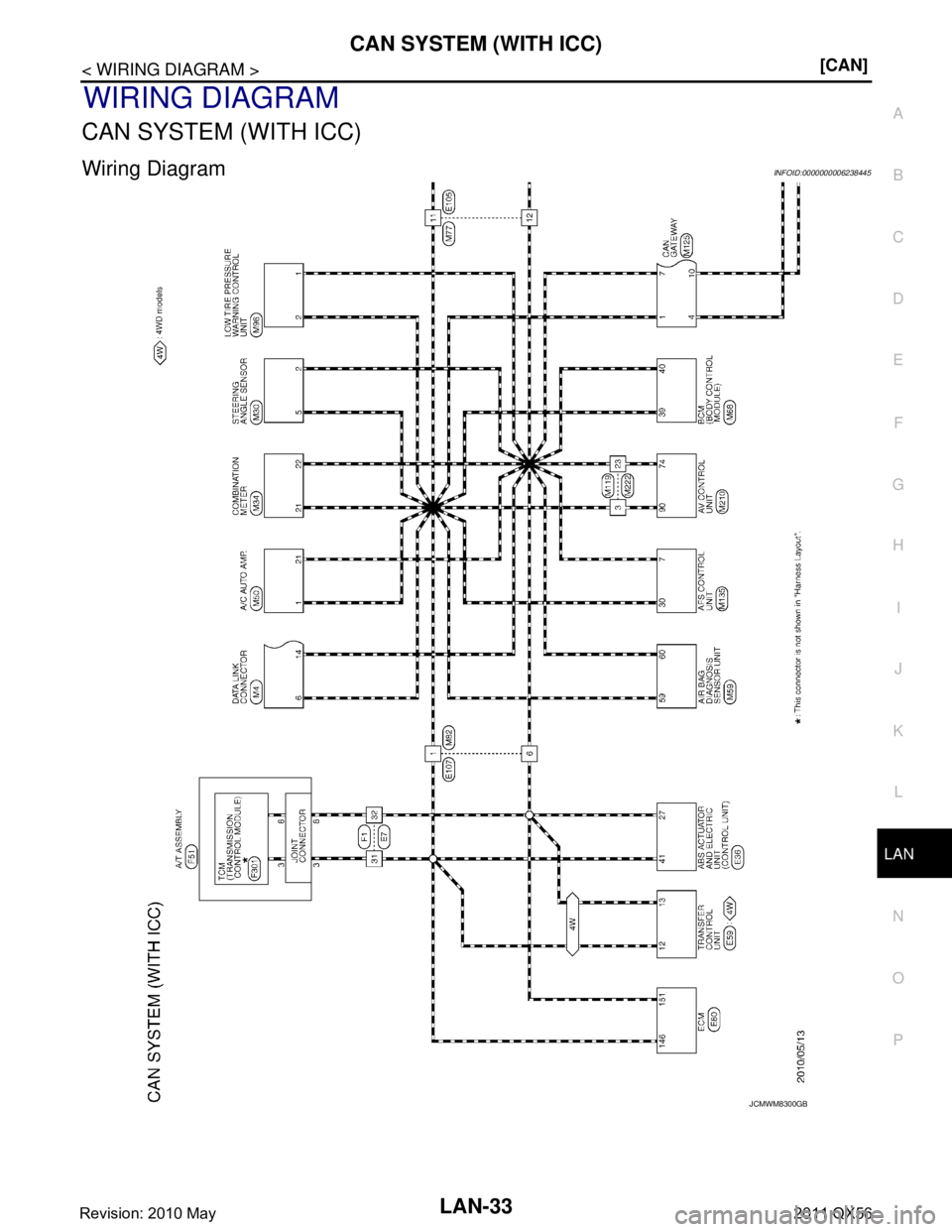 INFINITI QX56 2011  Factory Service Manual 
LAN
CAN SYSTEM (WITH ICC)LAN-33
< WIRING DIAGRAM > [CAN]
C
D
E
F
G H
I
J
K L
B A
O P
N
WIRING DIAGRAM
CAN SYSTEM (WITH ICC)
Wiring DiagramINFOID:0000000006238445
JCMWM8300GB
Revision: 2010 May2011 QX