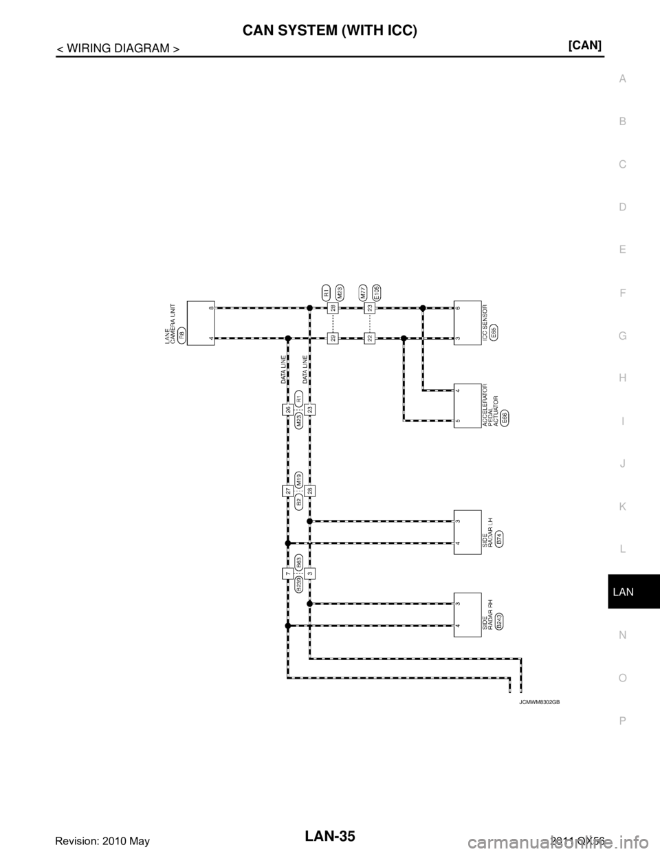 INFINITI QX56 2011  Factory Service Manual 
LAN
CAN SYSTEM (WITH ICC)LAN-35
< WIRING DIAGRAM > [CAN]
C
D
E
F
G H
I
J
K L
B A
O P
N
JCMWM8302GB
Revision: 2010 May2011 QX56  