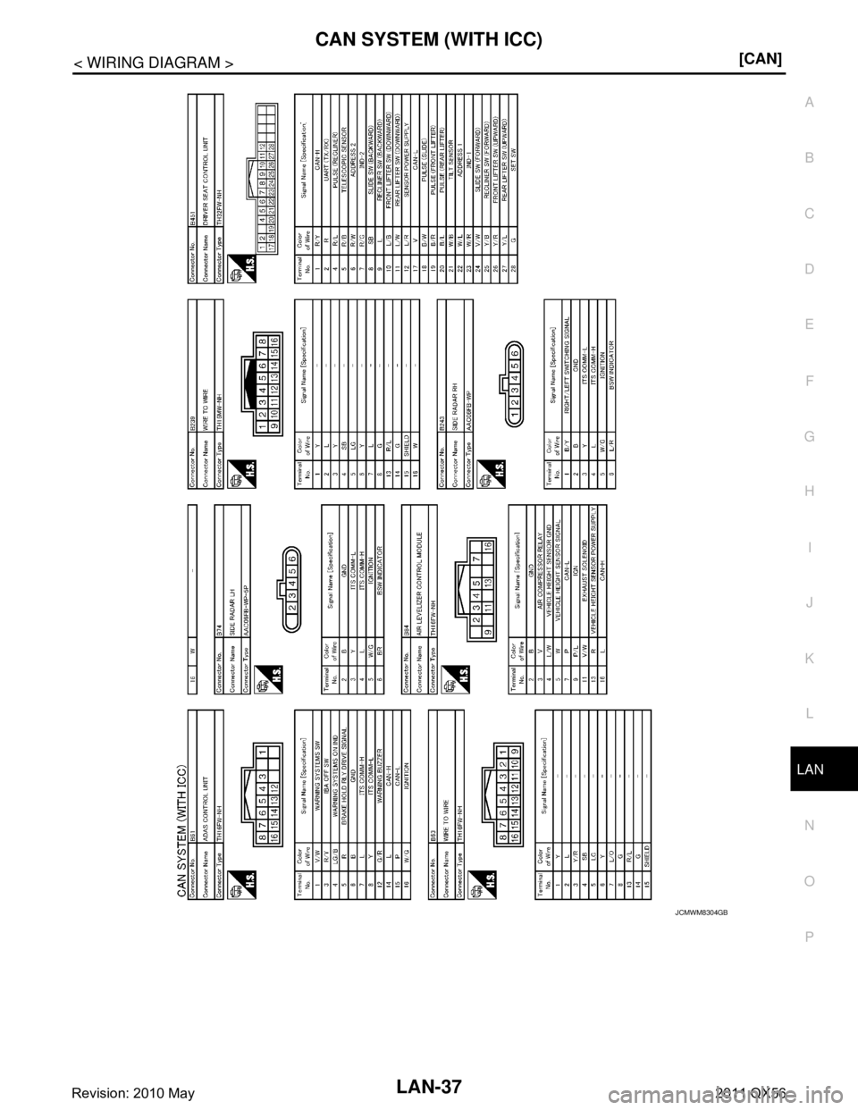 INFINITI QX56 2011  Factory Service Manual 
LAN
CAN SYSTEM (WITH ICC)LAN-37
< WIRING DIAGRAM > [CAN]
C
D
E
F
G H
I
J
K L
B A
O P
N
JCMWM8304GB
Revision: 2010 May2011 QX56  