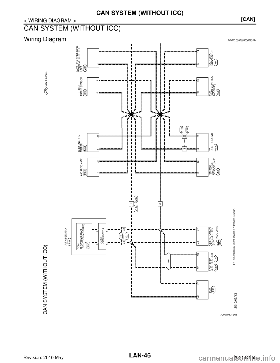 INFINITI QX56 2011  Factory Service Manual 
LAN-46
< WIRING DIAGRAM >[CAN]
CAN SYSTEM (WITHOUT ICC)
CAN SYSTEM (WITHOUT ICC)
Wiring DiagramINFOID:0000000006220534
JCMWM8313GB
Revision: 2010 May2011 QX56  