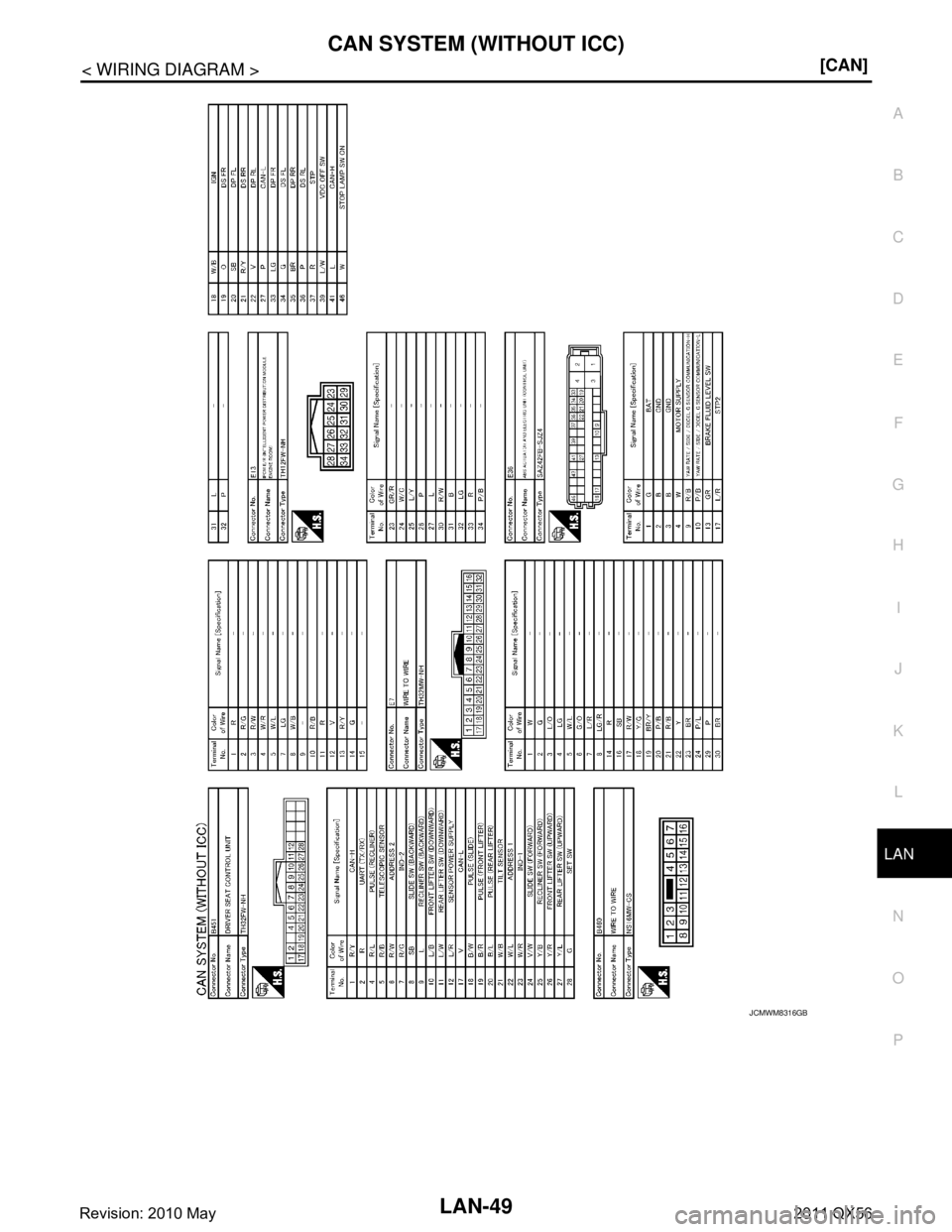 INFINITI QX56 2011  Factory Service Manual 
LAN
CAN SYSTEM (WITHOUT ICC)LAN-49
< WIRING DIAGRAM > [CAN]
C
D
E
F
G H
I
J
K L
B A
O P
N
JCMWM8316GB
Revision: 2010 May2011 QX56  