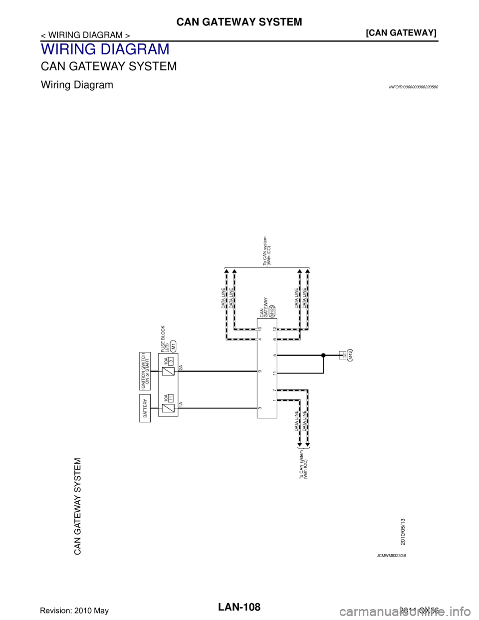 INFINITI QX56 2011  Factory Service Manual 
LAN-108
< WIRING DIAGRAM >[CAN GATEWAY]
CAN GATEWAY SYSTEM
WIRING DIAGRAM
CAN GATEWAY SYSTEM
Wiring DiagramINFOID:0000000006220580
JCMWM8323GB
Revision: 2010 May2011 QX56  