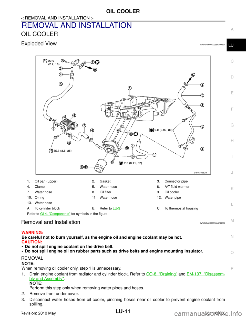 INFINITI QX56 2011 Factory Service Manual
OIL COOLERLU-11
< REMOVAL AND INSTALLATION >
C
DE
F
G H
I
J
K L
M A
LU
NP
O
REMOVAL AND INSTALLATION
OIL COOLER
Exploded ViewINFOID:0000000006289621
Removal and InstallationINFOID:0000000006289622
WA INFINITI QX56 2011 Factory Service Manual
OIL COOLERLU-11
< REMOVAL AND INSTALLATION >
C
DE
F
G H
I
J
K L
M A
LU
NP
O
REMOVAL AND INSTALLATION
OIL COOLER
Exploded ViewINFOID:0000000006289621
Removal and InstallationINFOID:0000000006289622
WA
