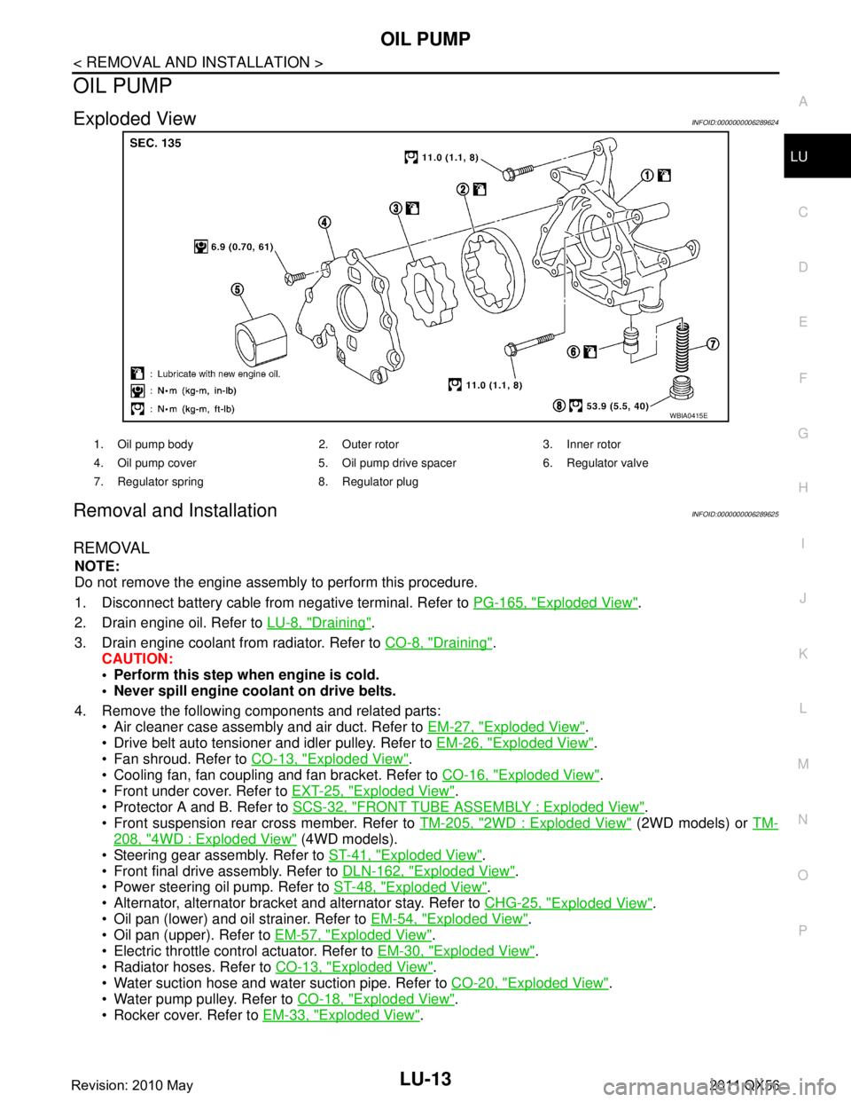 INFINITI QX56 2011 Factory Service Manual
OIL PUMPLU-13
< REMOVAL AND INSTALLATION >
C
DE
F
G H
I
J
K L
M A
LU
NP
O
OIL PUMP
Exploded ViewINFOID:0000000006289624
Removal and InstallationINFOID:0000000006289625
REMOVAL
NOTE:
Do not remove the INFINITI QX56 2011 Factory Service Manual
OIL PUMPLU-13
< REMOVAL AND INSTALLATION >
C
DE
F
G H
I
J
K L
M A
LU
NP
O
OIL PUMP
Exploded ViewINFOID:0000000006289624
Removal and InstallationINFOID:0000000006289625
REMOVAL
NOTE:
Do not remove the