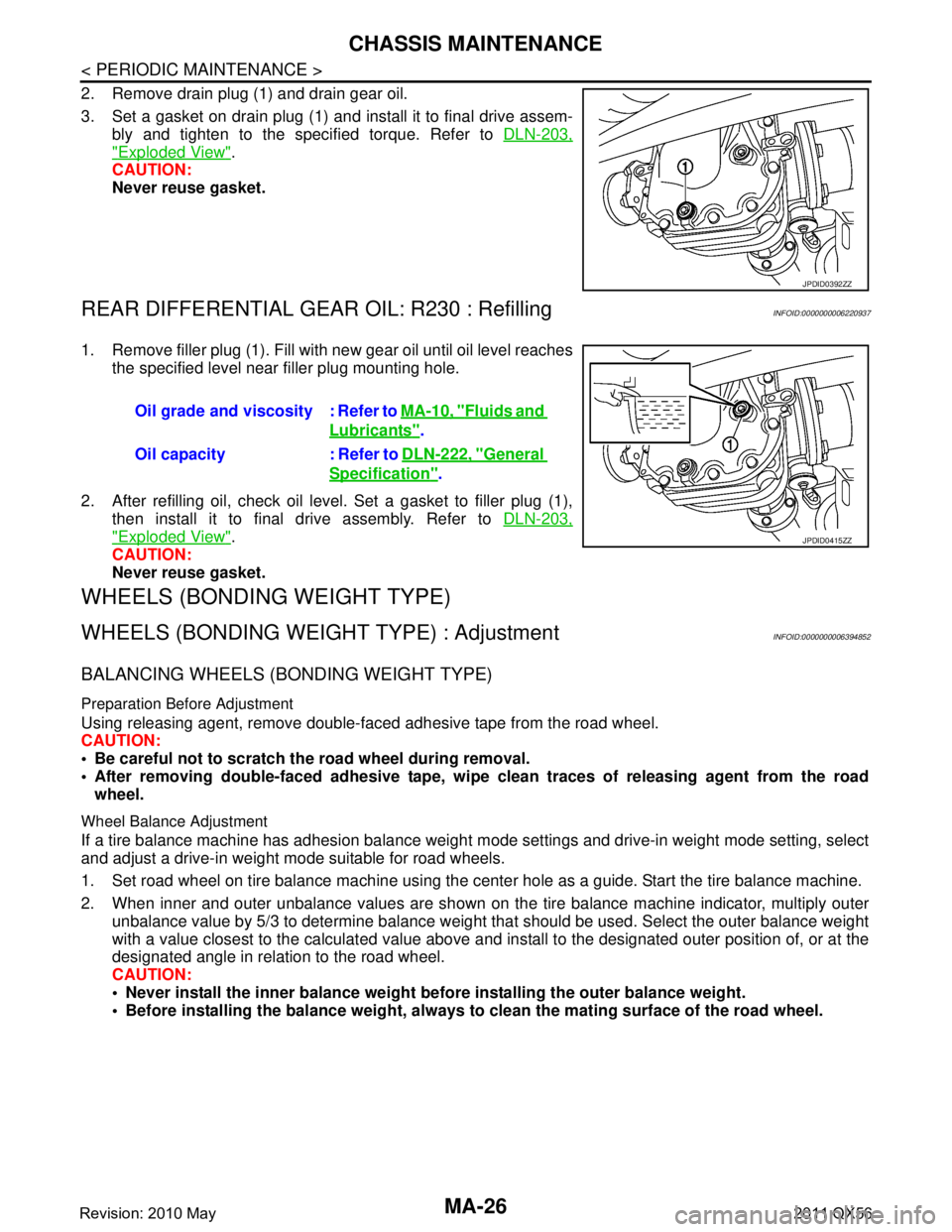 INFINITI QX56 2011 Factory Service Manual
MA-26
< PERIODIC MAINTENANCE >
CHASSIS MAINTENANCE
2. Remove drain plug (1) and drain gear oil.
3. Set a gasket on drain plug (1) and install it to final drive assem-bly and tighten to the specified INFINITI QX56 2011 Factory Service Manual
MA-26
< PERIODIC MAINTENANCE >
CHASSIS MAINTENANCE
2. Remove drain plug (1) and drain gear oil.
3. Set a gasket on drain plug (1) and install it to final drive assem-bly and tighten to the specified