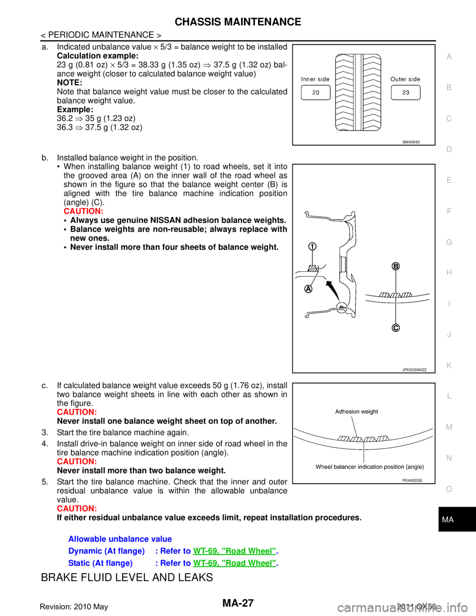 INFINITI QX56 2011 Factory Service Manual
CHASSIS MAINTENANCEMA-27
< PERIODIC MAINTENANCE >
C
DE
F
G H
I
J
K L
M B
MA
N
O A
a. Indicated unbalance value
× 5/3 = balance weight to be installed
Calculation example:
23 g (0.81 oz) × 5/3 = 3 INFINITI QX56 2011 Factory Service Manual
CHASSIS MAINTENANCEMA-27
< PERIODIC MAINTENANCE >
C
DE
F
G H
I
J
K L
M B
MA
N
O A
a. Indicated unbalance value
× 5/3 = balance weight to be installed
Calculation example:
23 g (0.81 oz) × 5/3 = 3