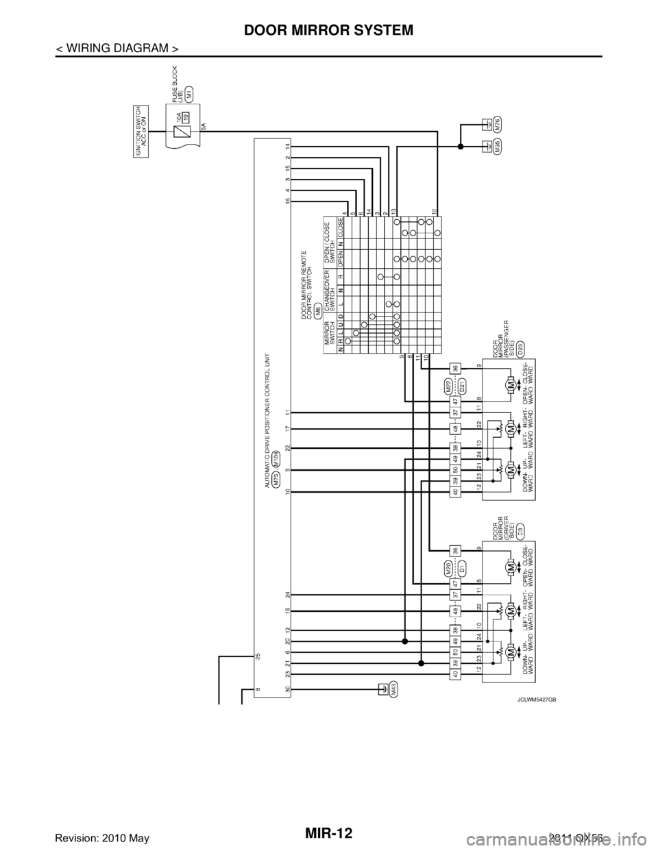 INFINITI QX56 2011  Factory Service Manual 
MIR-12
< WIRING DIAGRAM >
DOOR MIRROR SYSTEM
JCLWM5427GB
Revision: 2010 May2011 QX56  