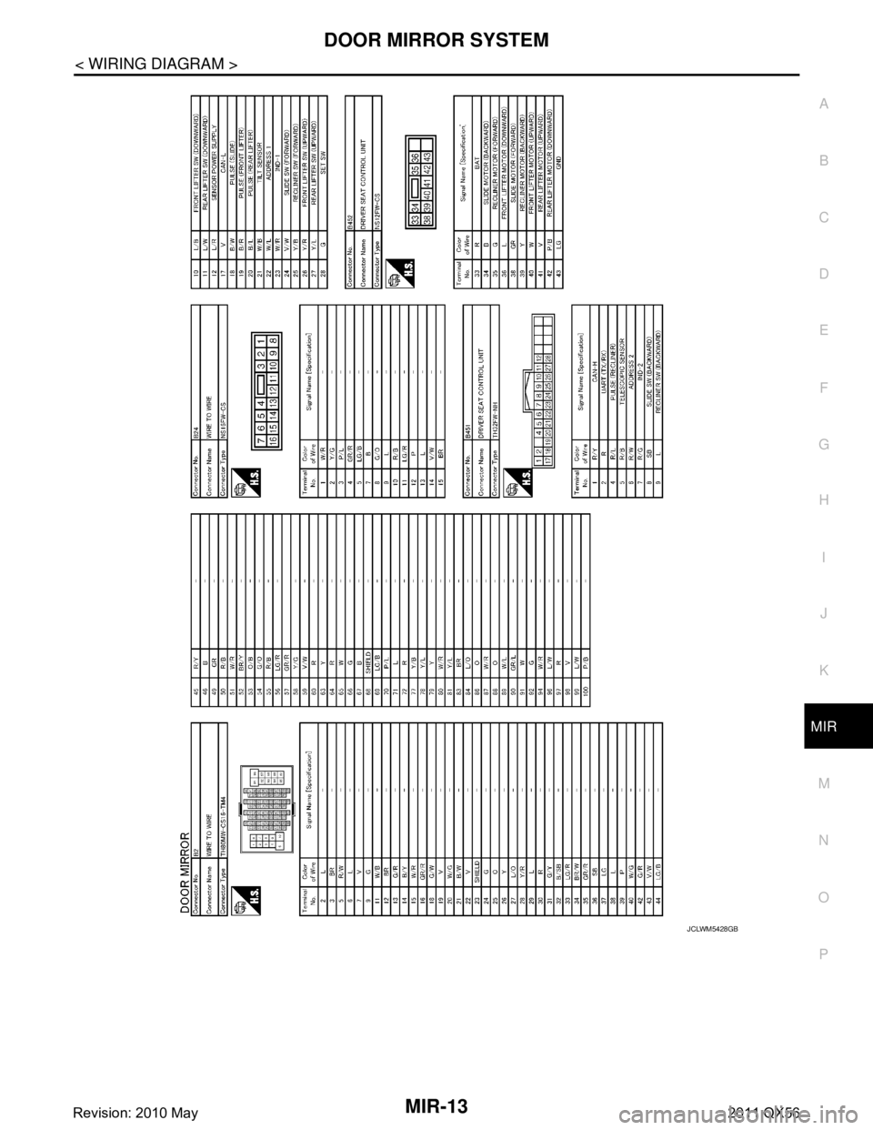 INFINITI QX56 2011  Factory Service Manual 
DOOR MIRROR SYSTEMMIR-13
< WIRING DIAGRAM >
C
DE
F
G H
I
J
K
M A
B
MIR
N
O P
JCLWM5428GB
Revision: 2010 May2011 QX56  