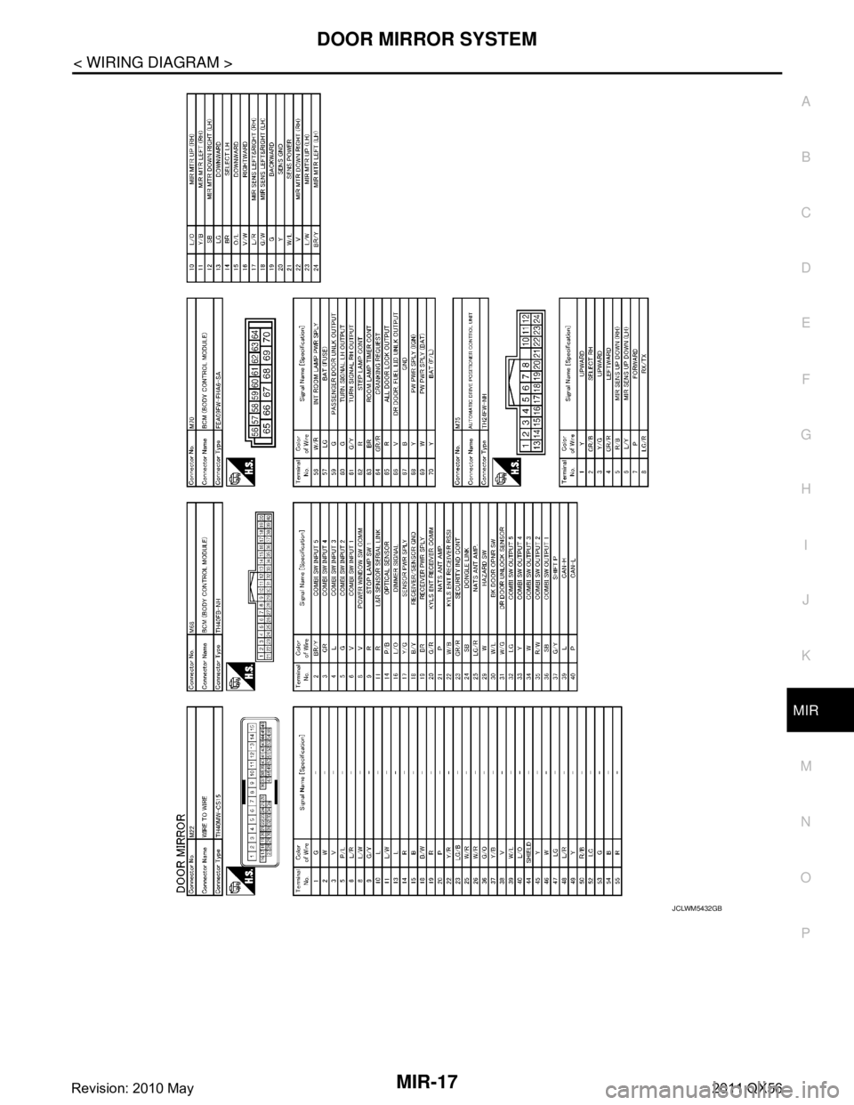 INFINITI QX56 2011  Factory Service Manual 
DOOR MIRROR SYSTEMMIR-17
< WIRING DIAGRAM >
C
DE
F
G H
I
J
K
M A
B
MIR
N
O P
JCLWM5432GB
Revision: 2010 May2011 QX56  