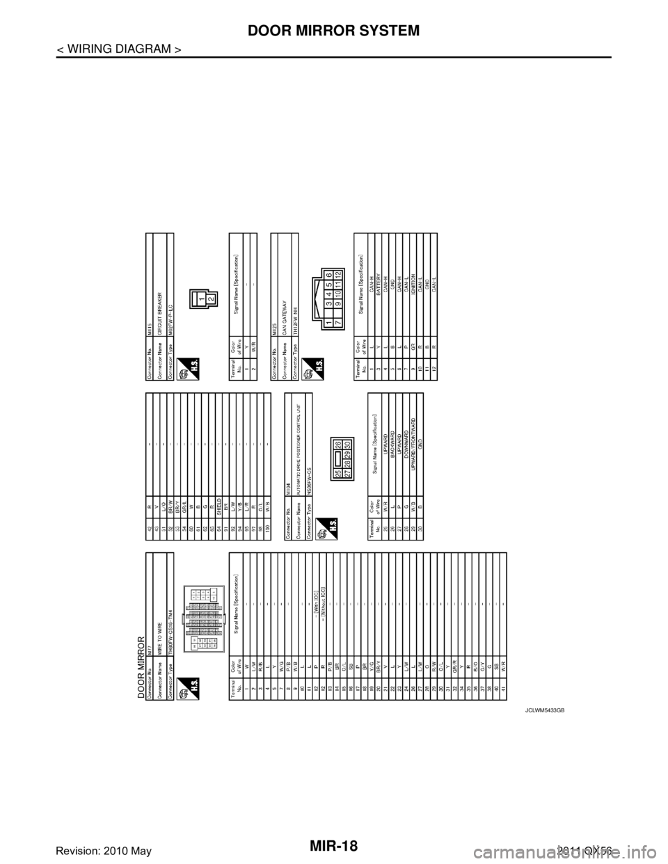 INFINITI QX56 2011  Factory Service Manual 
MIR-18
< WIRING DIAGRAM >
DOOR MIRROR SYSTEM
JCLWM5433GB
Revision: 2010 May2011 QX56  