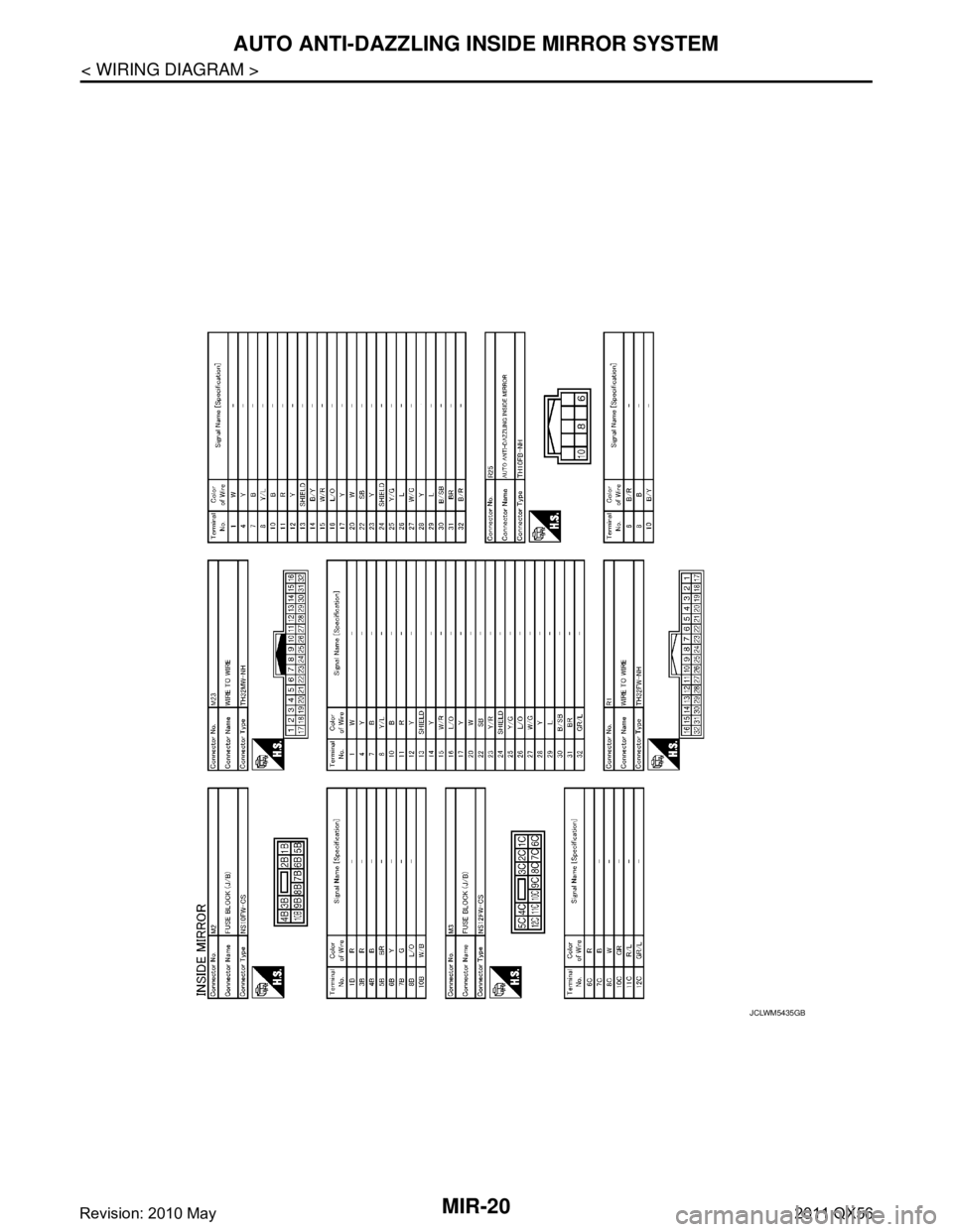 INFINITI QX56 2011  Factory Service Manual 
MIR-20
< WIRING DIAGRAM >
AUTO ANTI-DAZZLING INSIDE MIRROR SYSTEM
JCLWM5435GB
Revision: 2010 May2011 QX56  